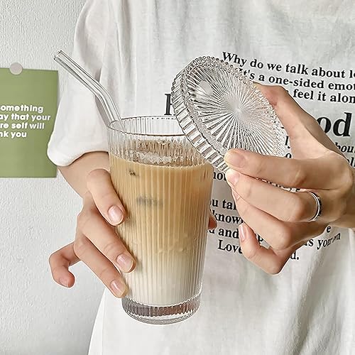Miniatura 7 de Vaso de vidrio vintage a rayas, taza de café con tapa y pajita, tapas que no aseguran para agua, café helado, leche, té, jugo (B-Vintage)