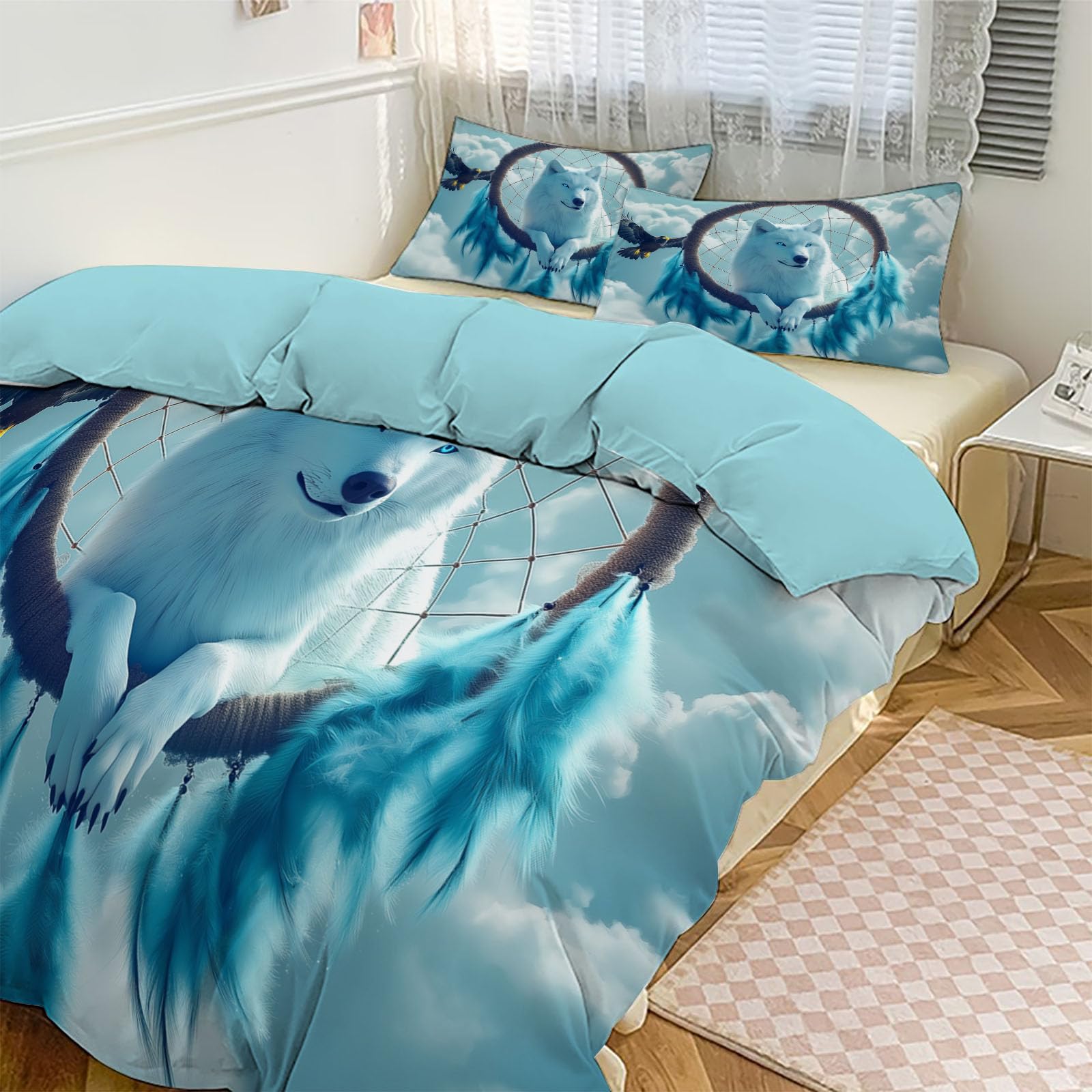 Housse couette imprimée loup avec taies d'oreillers pour lit double adulte avec zip