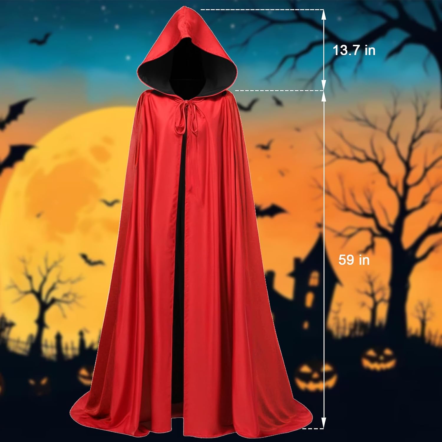 Reversible Hooded Cloak Unisex Halloween Cosplay Costume Witch Black Red Cape Robe Vampire Cloak Full Length Masquerade Party Cape for Men and Women