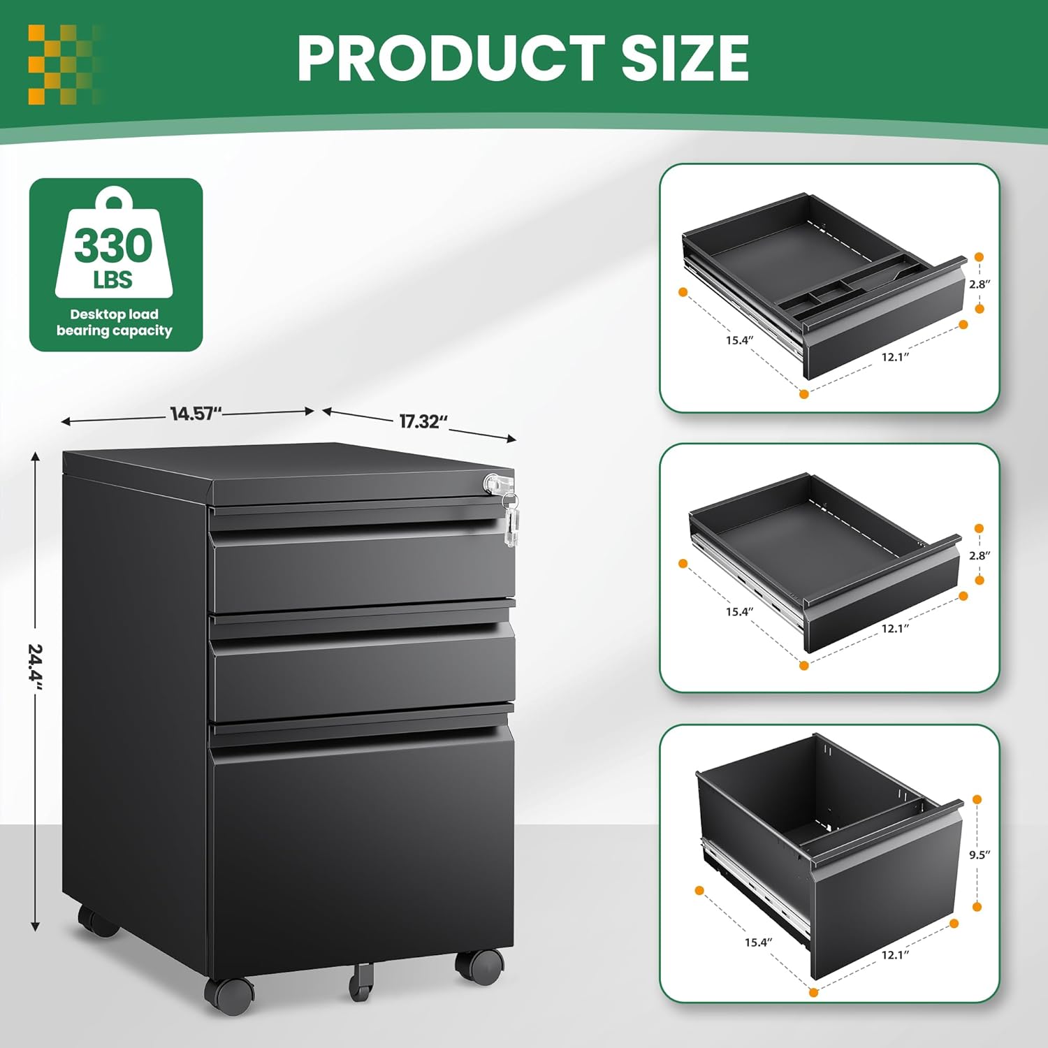 3 Drawer Mobile File Cabinet with Lock,Under Desk Rolling File Cabinet for Home Office Fits Legal/Letter/A4 File (Unassembled,Black)