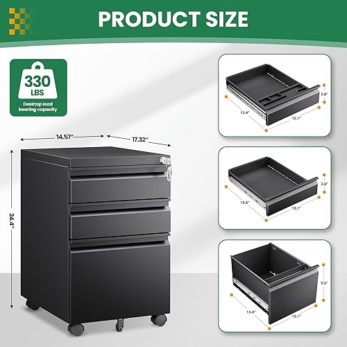 Miniatura 148 de Archivador móvil de 3 cajones con cerradura, archivador debajo del escritorio para oficina en casa, archivadores de metal sobre ruedas para archivo