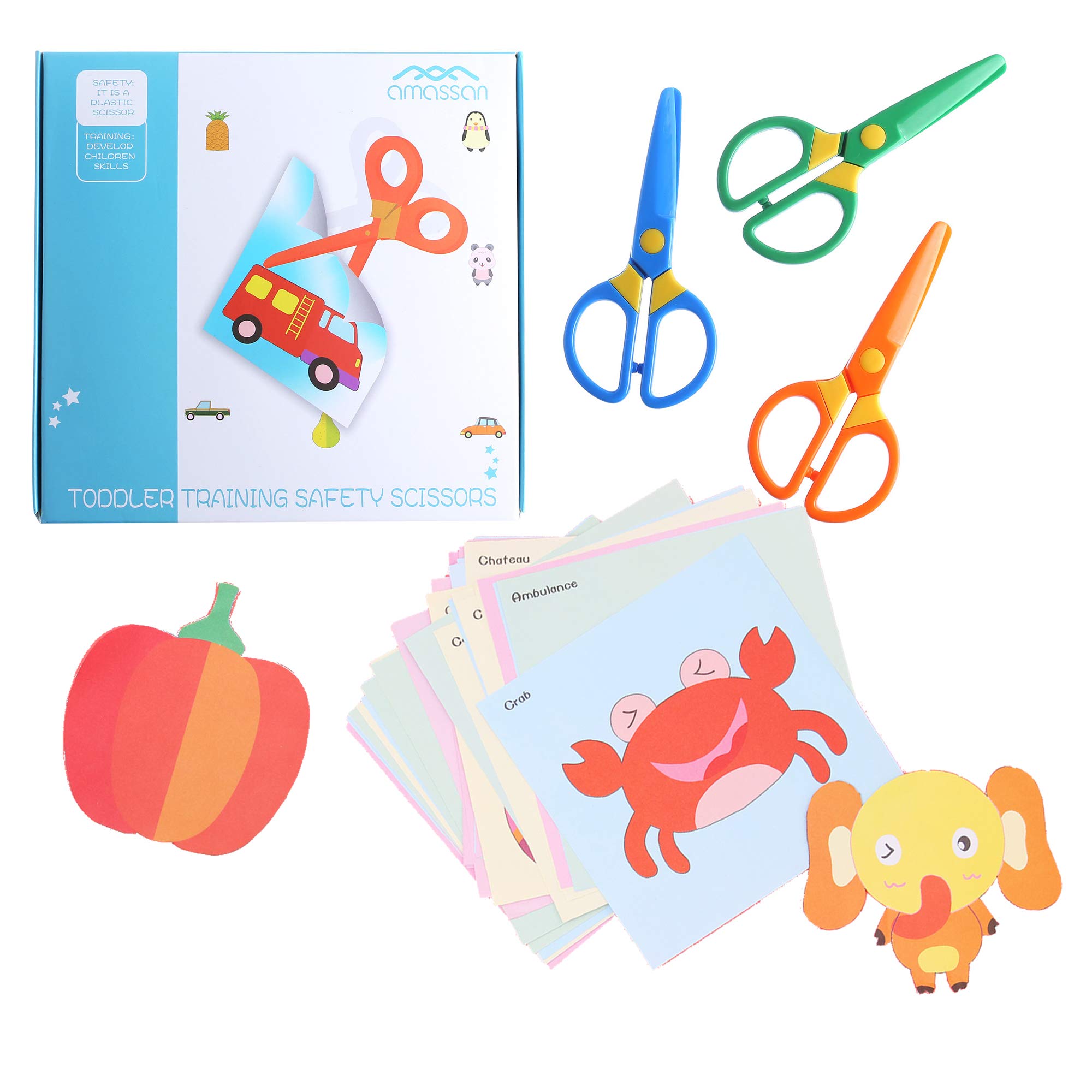幼児用安全はさみ 3本セット - 子供向け安全設計 知育用練習はさみ＆クラフト用紙60枚付き｜人間工学に基づいた丸い先端、2～5歳児向け発達支援ツール