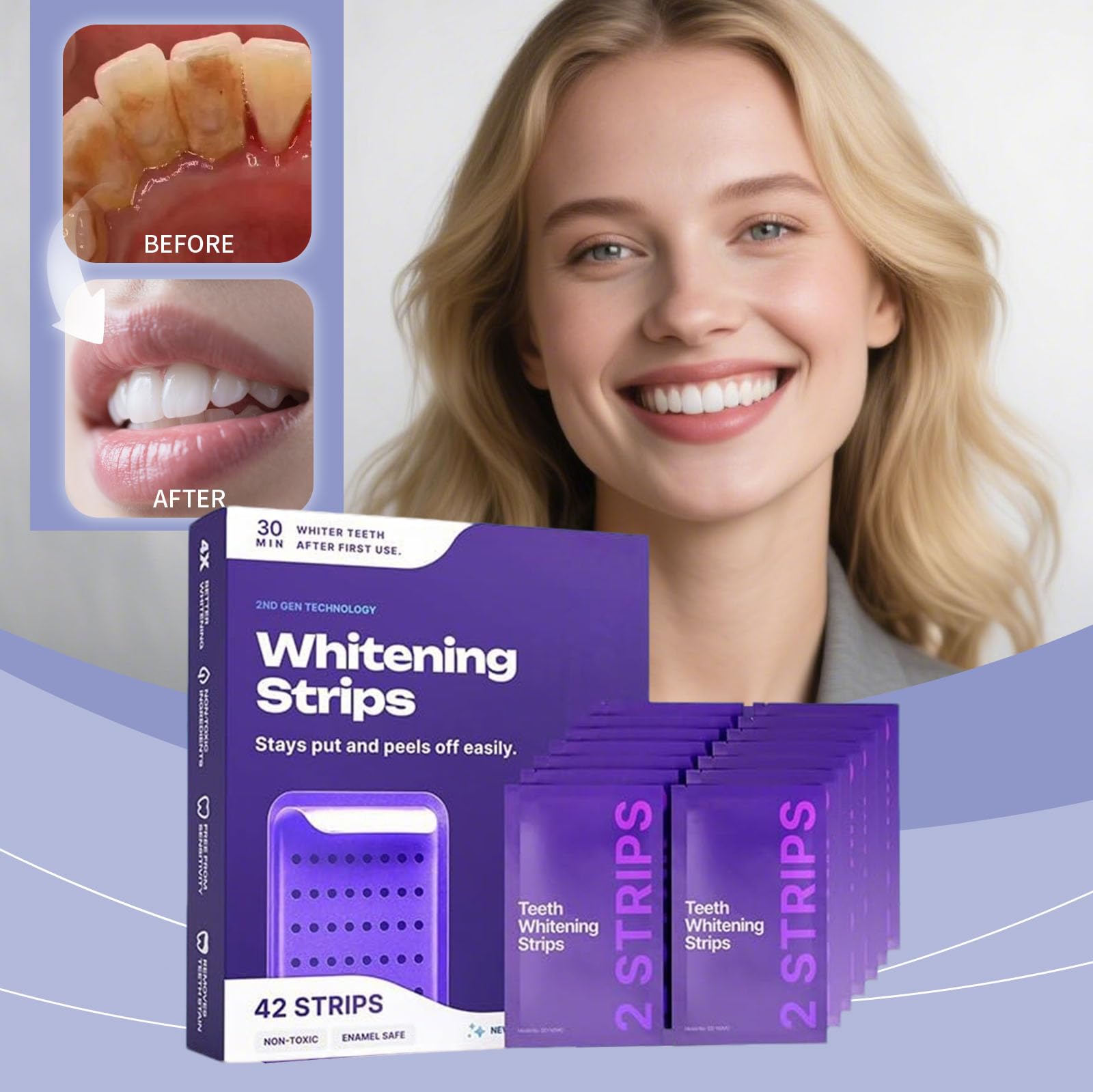 Strisce sbiancanti viola per denti, 42 pezzi Teeth Whitening Strips, Teeth Whitening Strips Dall'interno, At-Home Kit sbiancante, Sensitivity Free, per Macchie da Caffè, Vino, Fumo