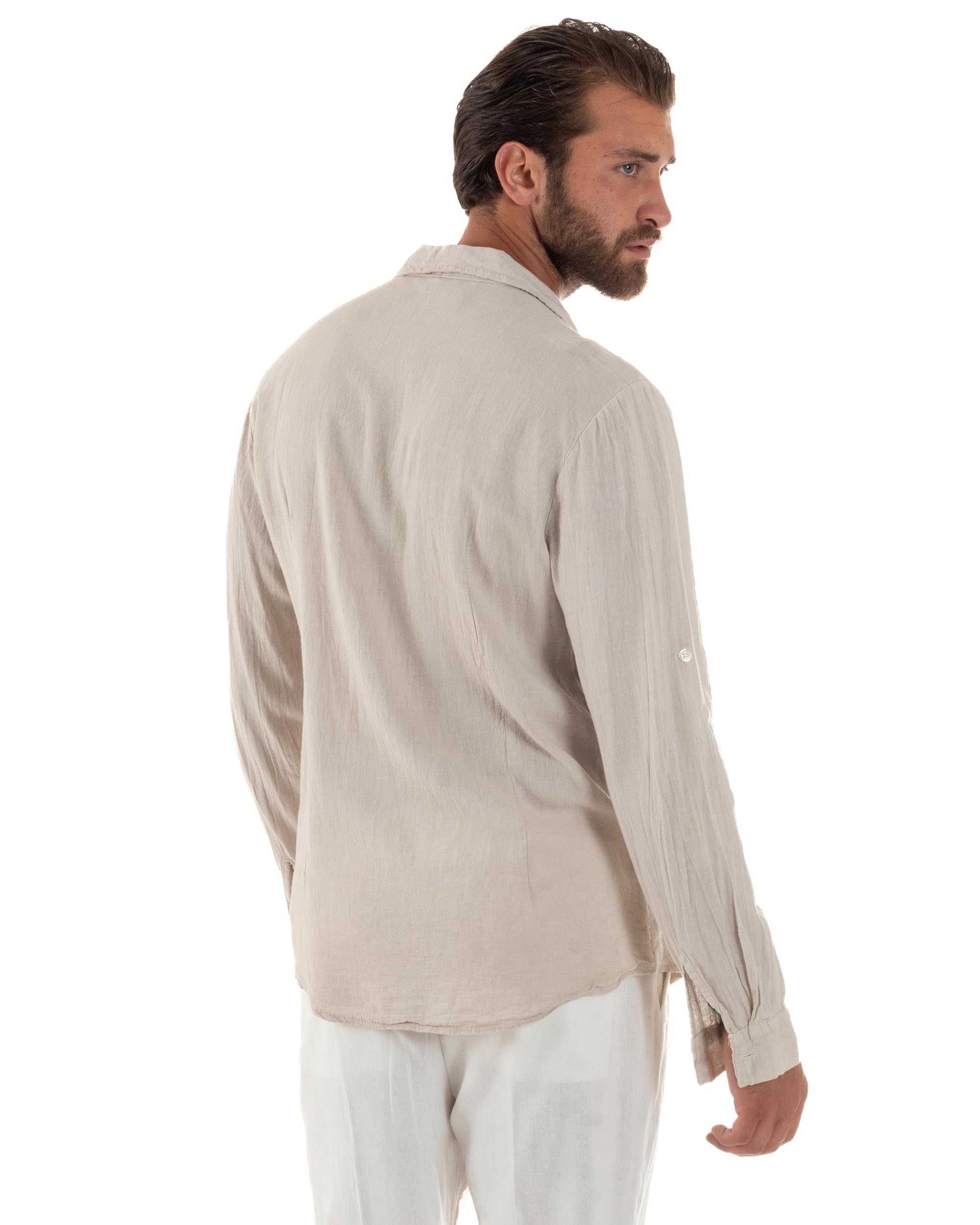Camicia Uomo Lino Colletto Maniche Lunghe Casual Regular Fit Basic Tinta Unita Vari Colori