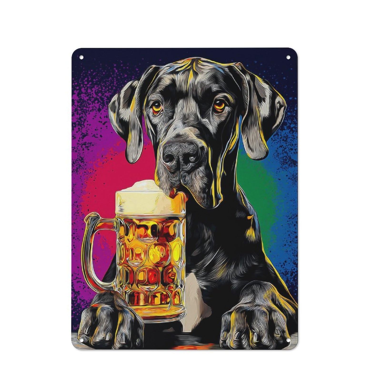Junmoney Great Dane With Beer Mug Tin Wall Plaque 40X30cm With For Garage Or Workshop, For Living Room, Hallway And Entrance Wall Decor
