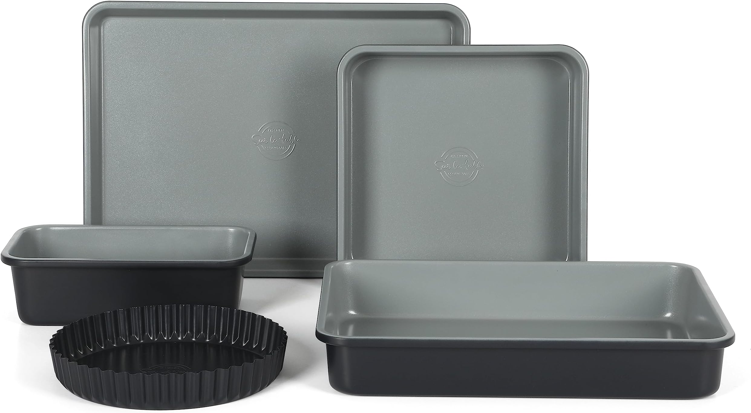 Sur La Table Kitchen Essential Carbon Steel Baking Pans Bakeware Set W/Premium PFOA, PFAS, PTFE Free Grey Nonstick Interior - Black Exterior