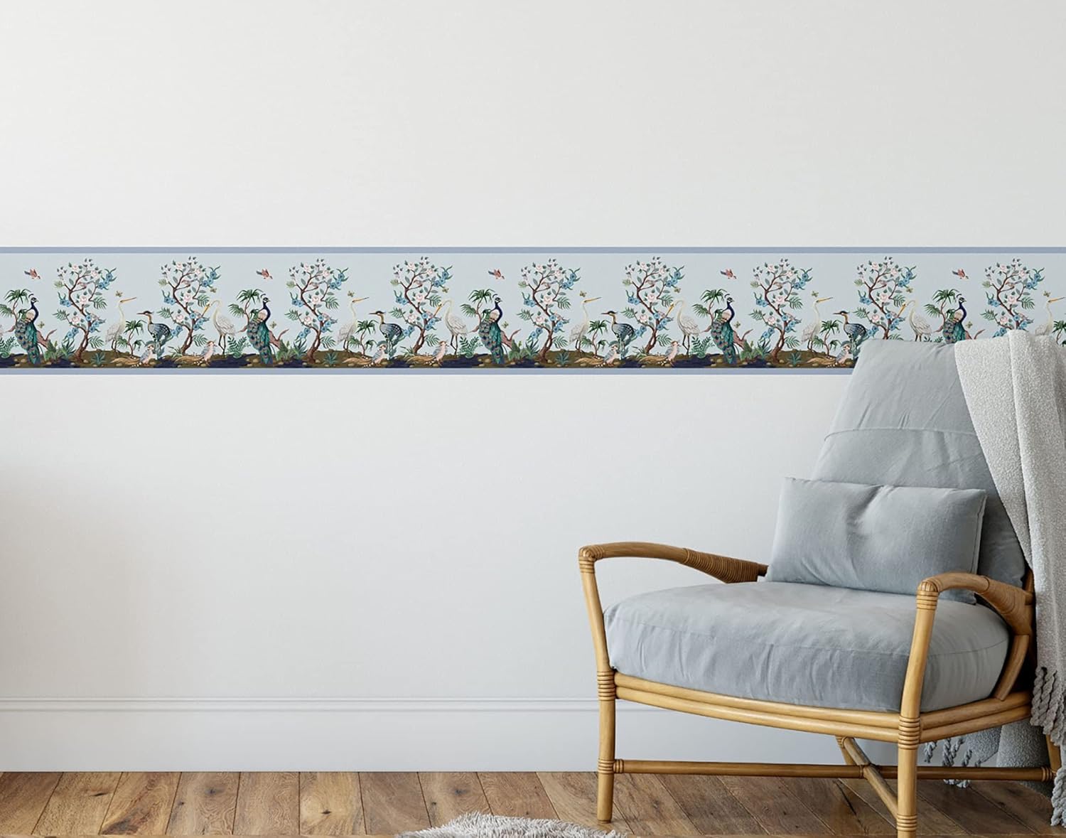 Grace & Gardenia Cranes and Grasshoppers Peel and Stick Wallpaper Border 15ft (Blue Green White, 10 inch)