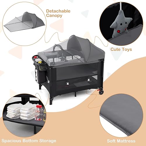 Miniatura 6 de HONEY JOY Pack and Play, cama 5 en 1 para bebé con moisés, toldo extraíble, cambiador de pañales, cremallera lateral, altura ajustable, cuna