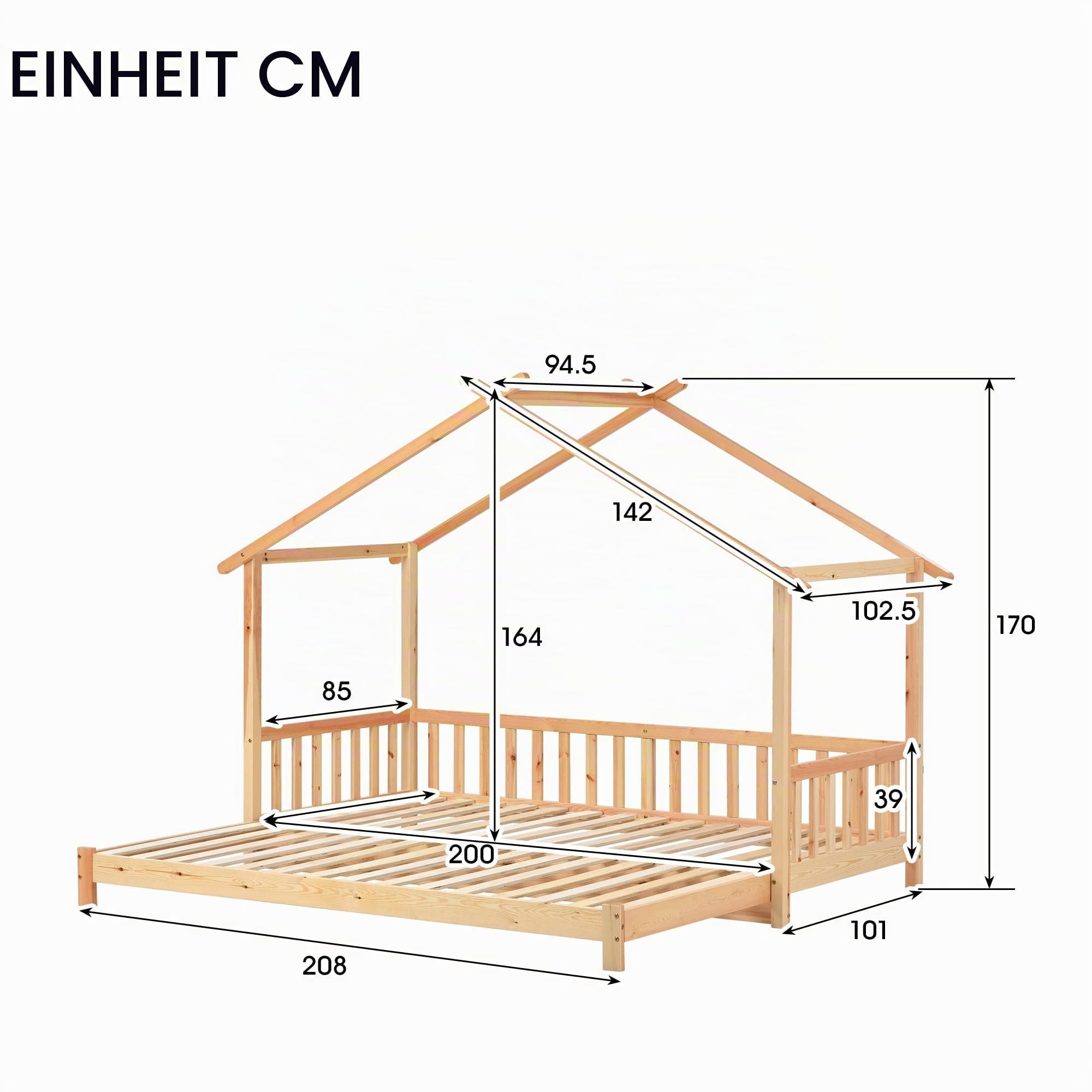 Merax Kinderbett, Erweiterbares Baumhausbett, Hausbett, Tagesbett, Einzel- und Doppelbett, reines Massivholz, Natur (200x90cm)