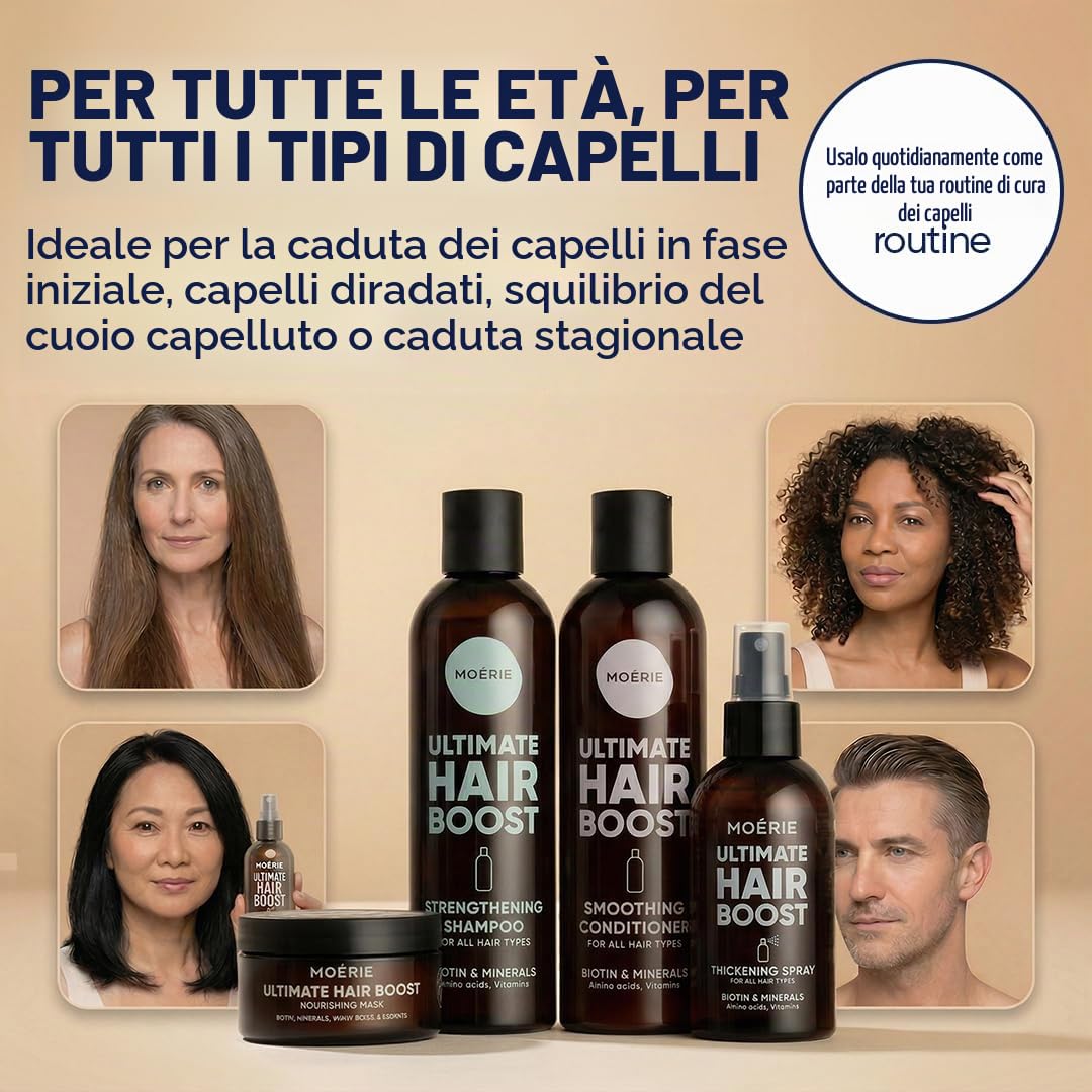 Set capelli Moérie shampoo e balsamo con maschera e spray, prodotti per crescita capelli premium, per capelli più lunghi e folti, prodotti volumizzanti capelli senza parabeni/silicone, 8 articoli