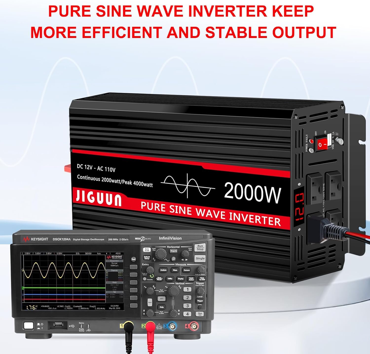 JIGUUN 4000W Peak Pure Sine Wave Power Inverter 2000 Watt,12v DC to 110/120v AC Inverter 3 AC & USB Output,Power Converter LED Display for Home RV Camping Outdoor Car Truck