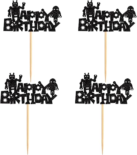 Miniatura 7 de Ercadio Paquete de 24 adornos para cupcakes de feliz cumpleaños, diseño de robot de dibujos animados negros, piezas de robot, decoración de pastel