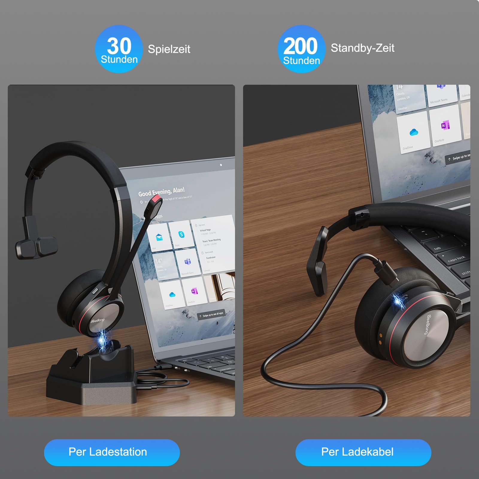 Cuffie wireless per PC, Mono 5.2, Bluetooth con microfono e dongle USB, 30 ore di conversazione, cuffie wireless per casa, ufficio, computer, team, zoom, laptop, ufficio, call center telefono