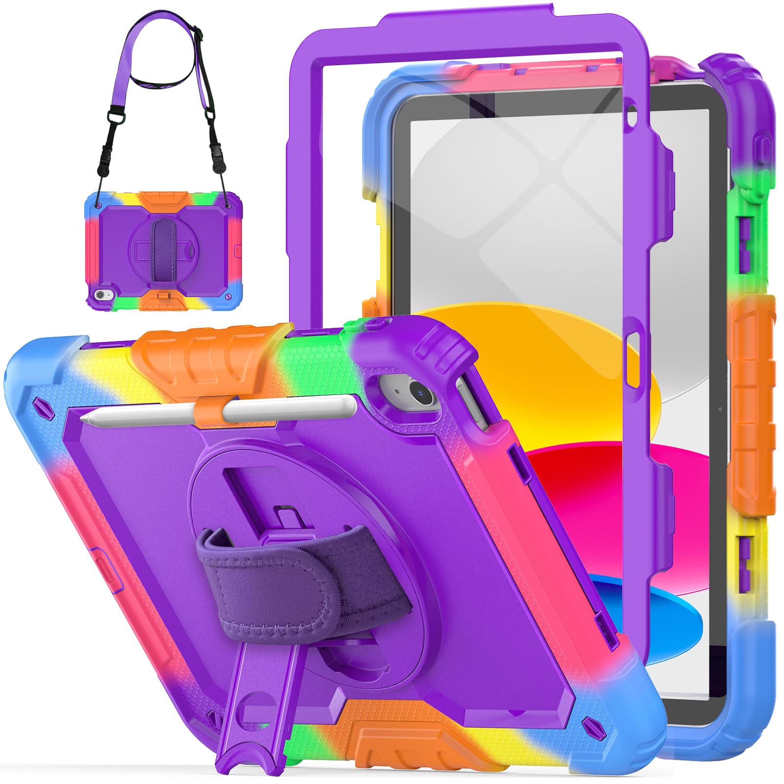 Kids Case for iPad (A16) 11th/10th Generation 2025 (11 inch)/2022 (10.9 inch), Full-body Shockproof with Screen Protector, Rotating Stand & Hand Strap, Carrying Strap, Pencil Holder, Purple