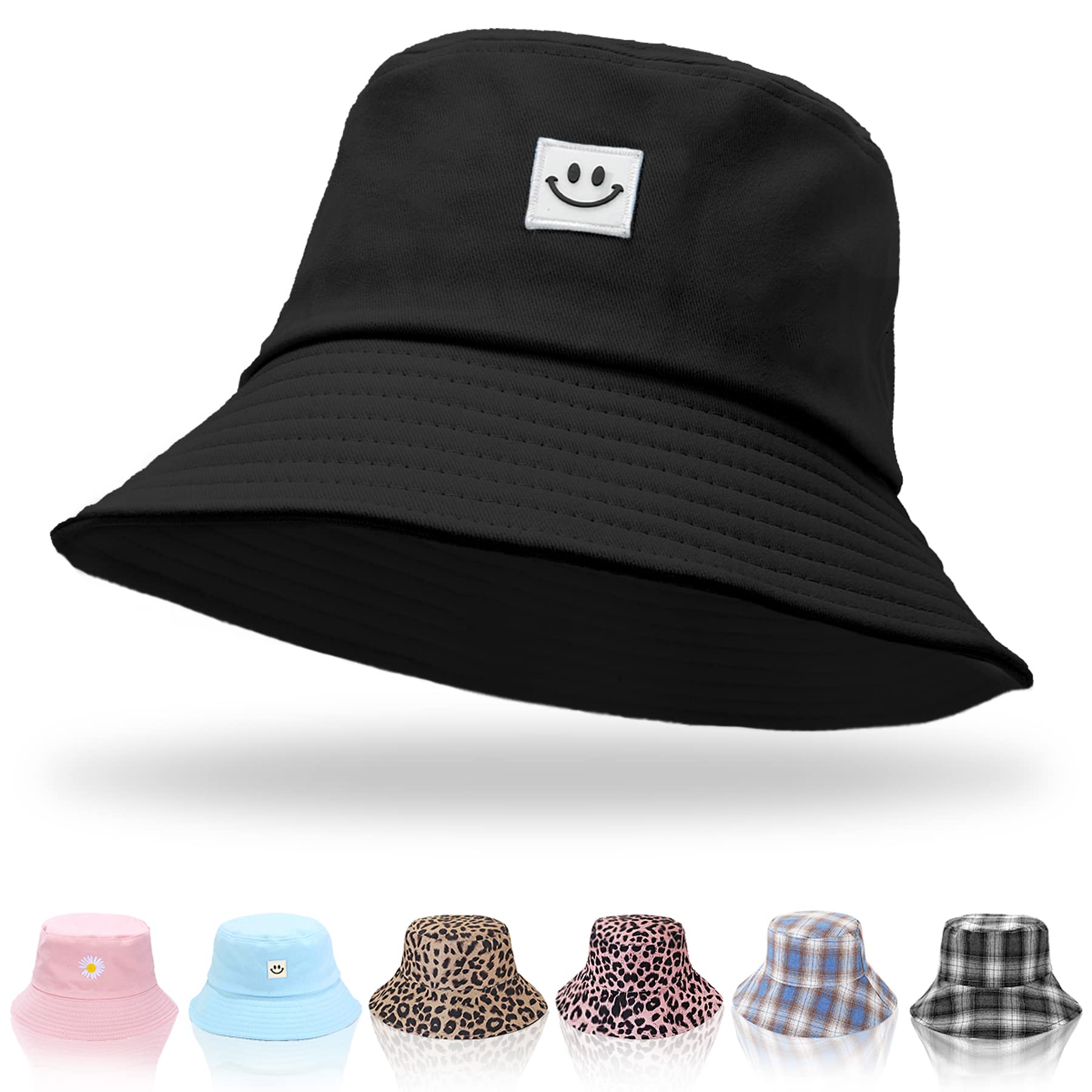Keho Women's Smiley-Black Bucket Hats - Reversible Cotton Summer Beach Sun Hats Foldable Fisherman Hat For Travel Beach Hiking Uk