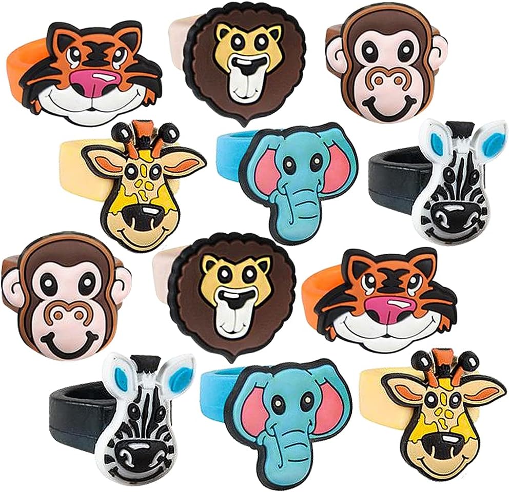 ArtCreativity Zoo Animal Rubber Rings for Kids, Pack of 12, Adorable Kids Jewelry for Little Girls and Boys, Fun Assorted Colors, Skin-Safe Silicon, Zoo Party Favors, Goodie Bag Fillers, Rubber