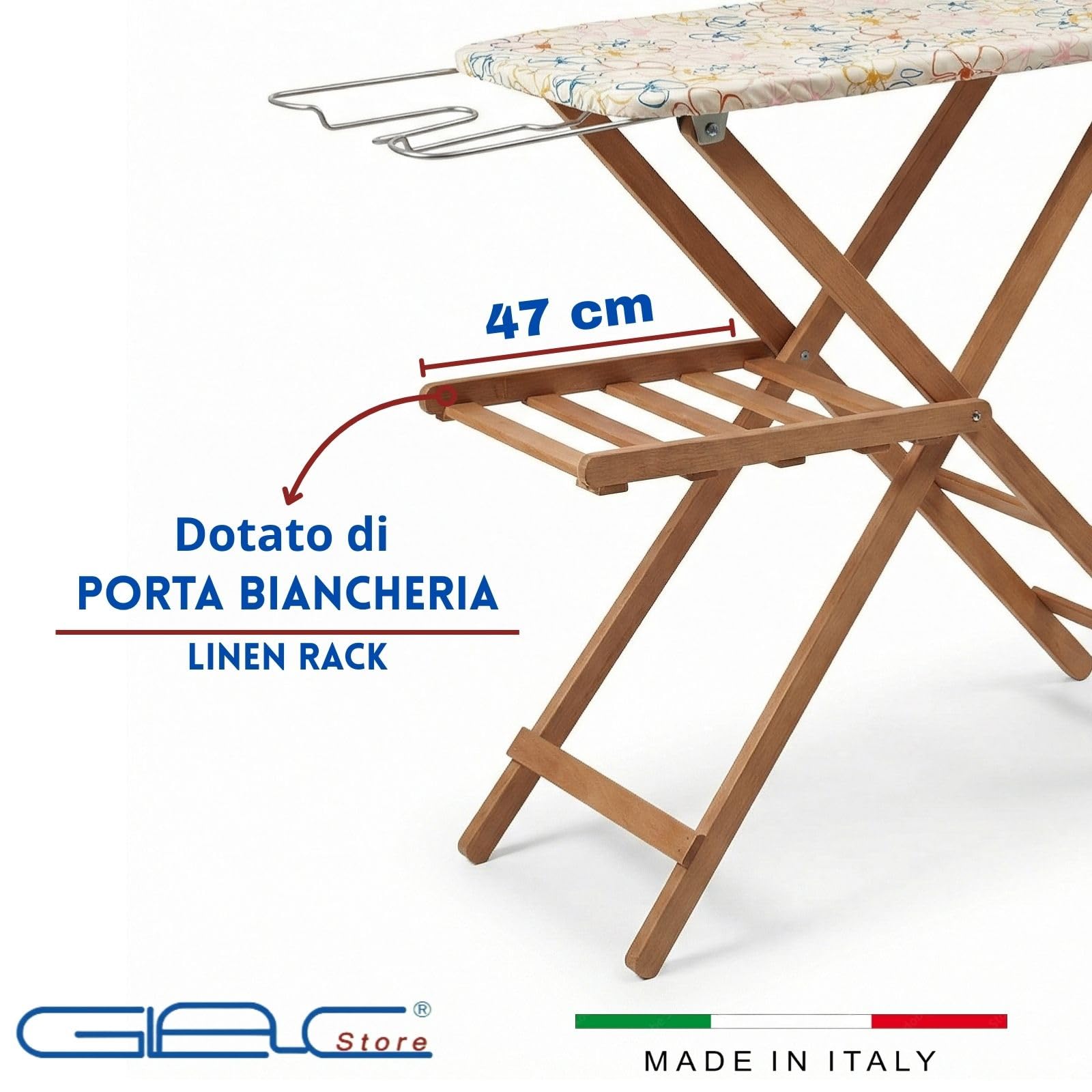 Glac Store Asse da Stiro Made in Italy 118x35 cm – Altezza Regolabile 82/87/93 cm – Piano in Legno – Porta Biancheria 47 cm – Pieghevole con Piedini Antiscivolo – Fantasia Casuale