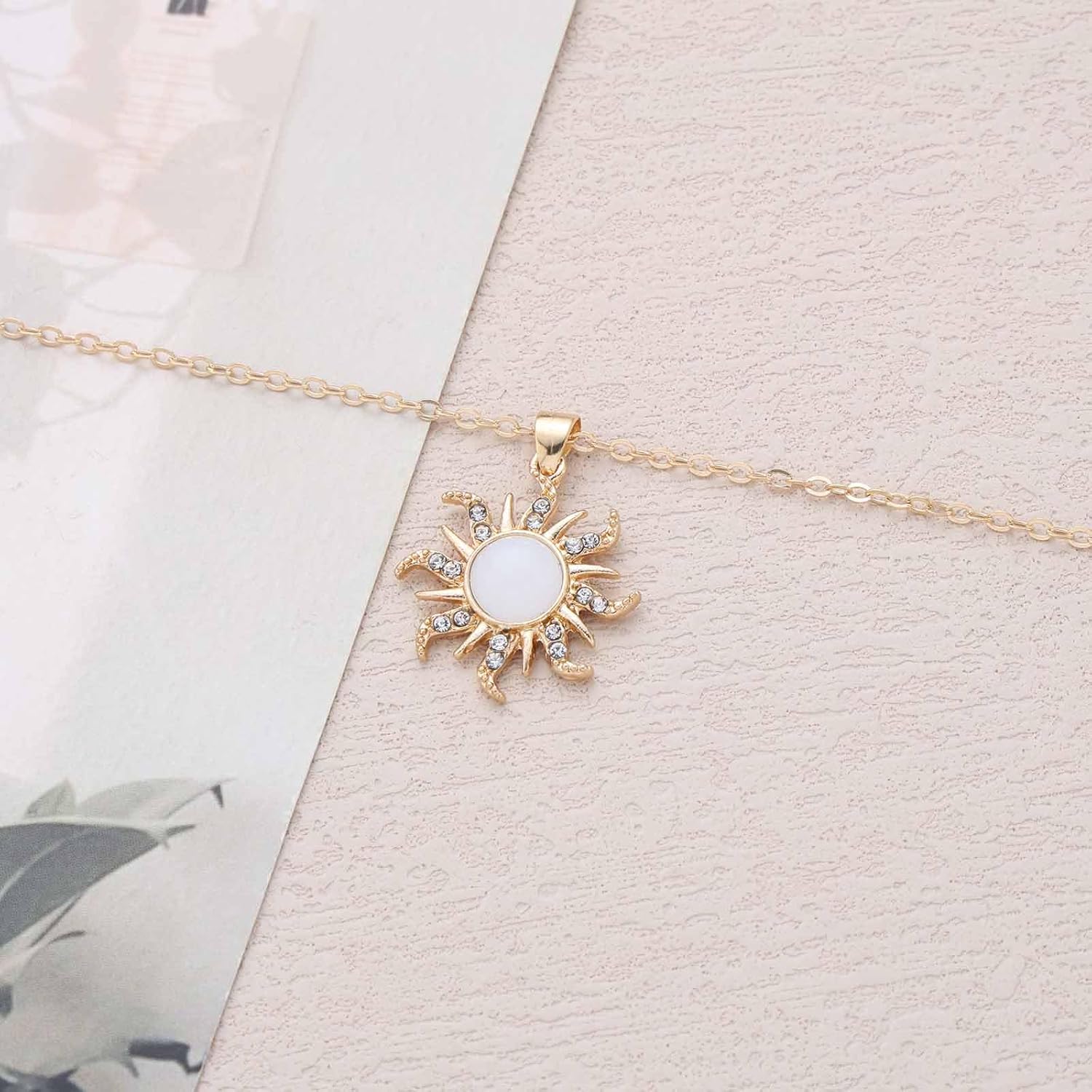 Boho Crystal Sun Necklace Vintage Sunburst Pendant Necklace Gold Sunshine Necklaces Opal Moonstone Necklaces Chain for Women - Image 6