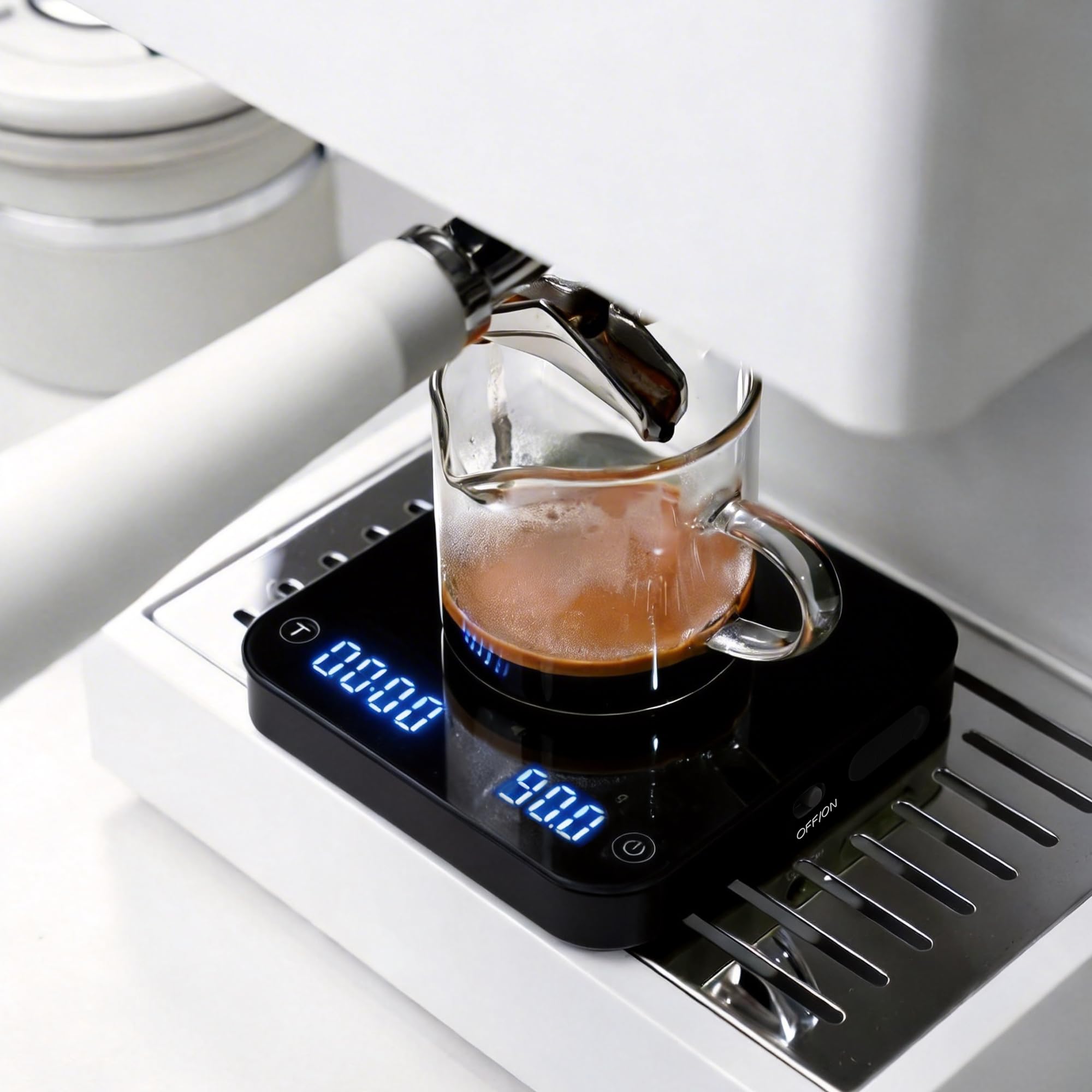 ShanSon Mini báscula de café con temporizador, báscula de espresso de alta precisión de 0,1 g, báscula digital de cocina de 2 kg/0,1 g con caudal, recargable por USB-C, superficie impermeable