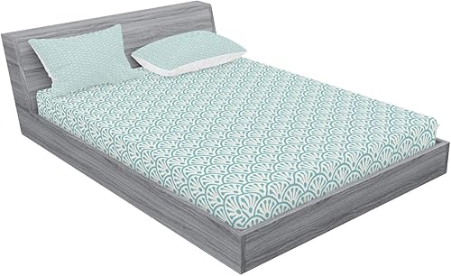 Miniatura 2 de Ambesonne Eastern Fitted Sheet & Pillow Sham Set, Traditional Design Conceptual Artwork Sea Inspired Waves Retro Floral, Decorative Printed 3 Piece