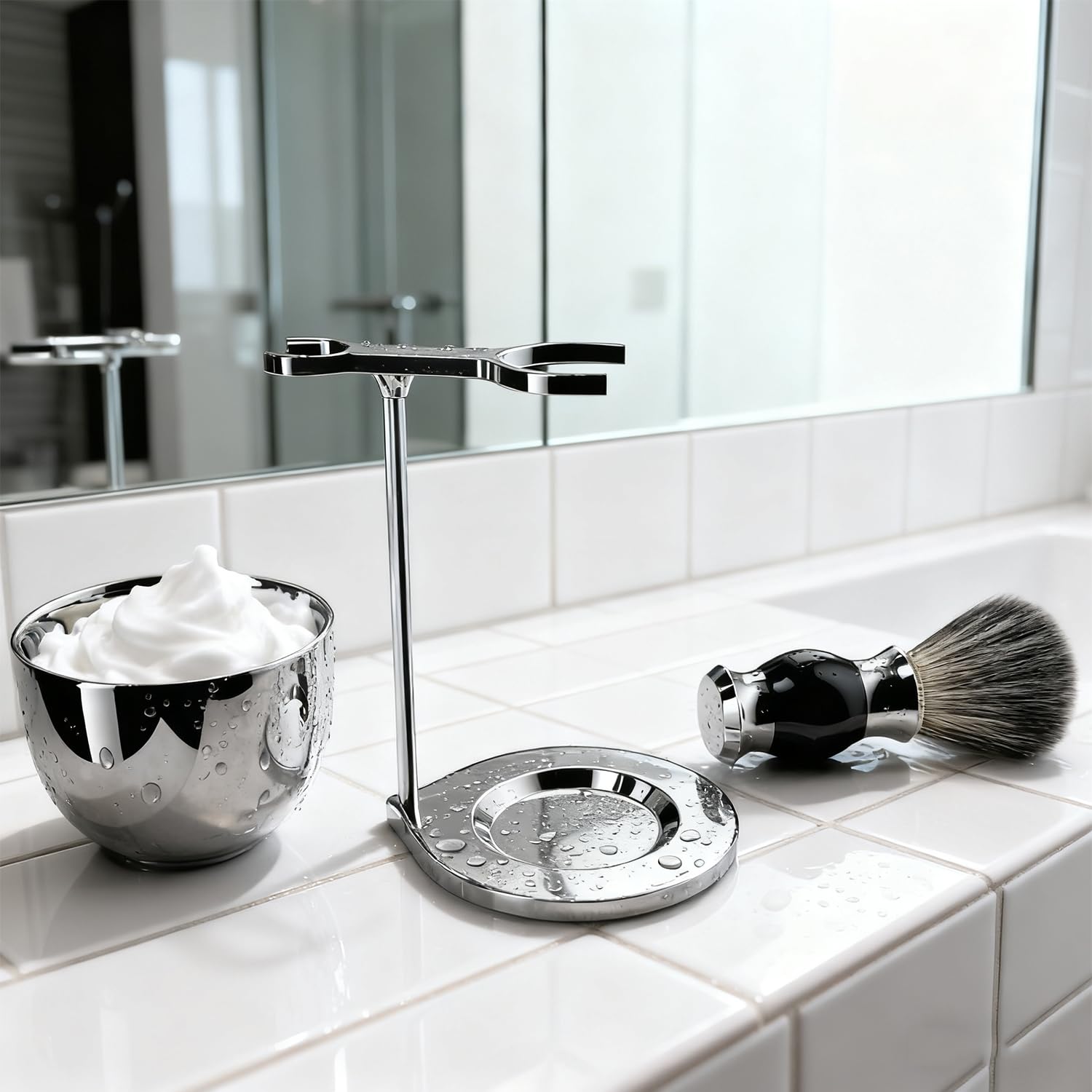 GRUTTI Ensemble de blaireaux de rasage 3 en 1 – Support pour rasoir de sécurité, porte-brosse, blaireau synthétique, bol de rasage en acier inoxydable – Ensemble de supports de rasage pour homme