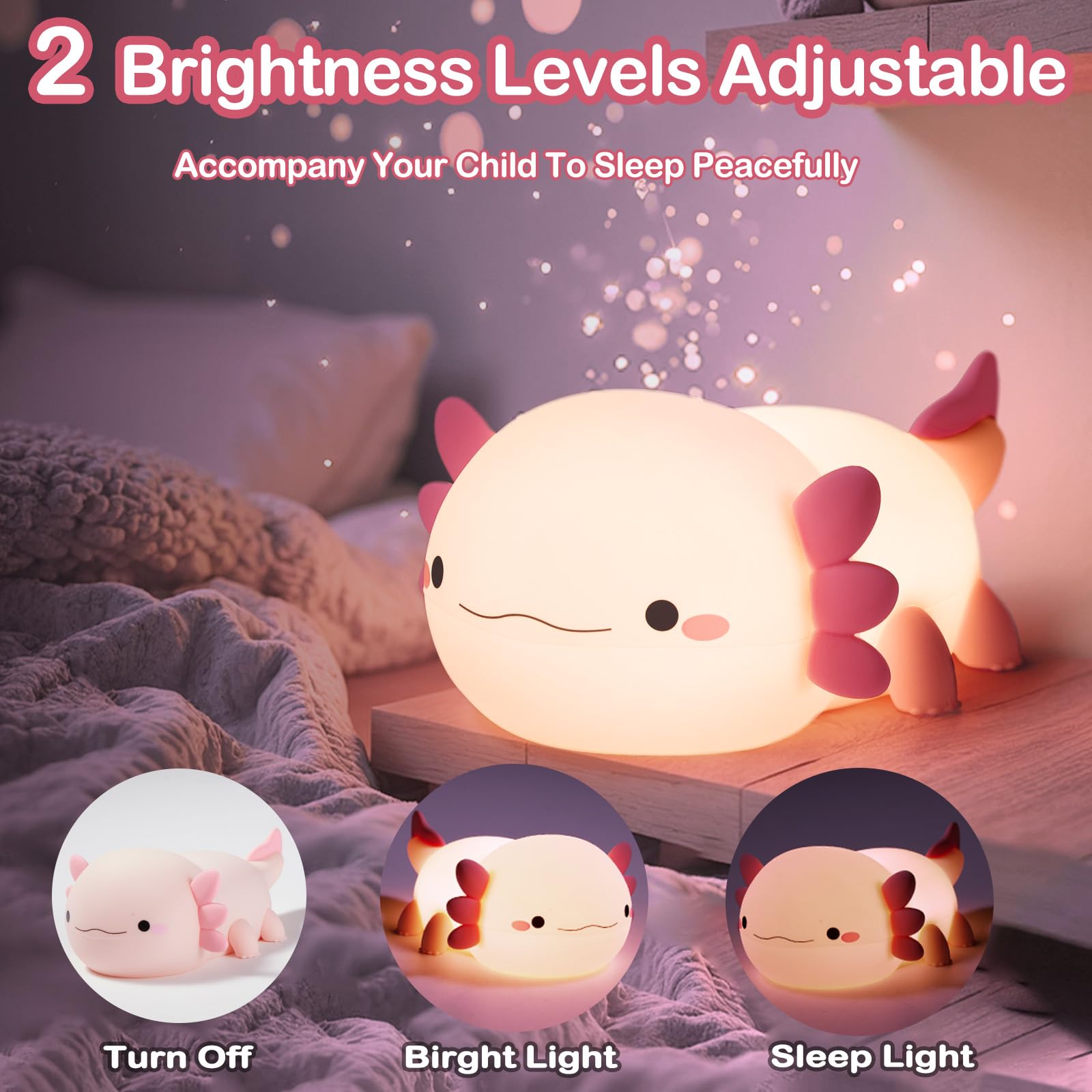 Axolotl Lampe, Axolotl Niedliches Nachtlicht, Geschenke, wiederaufladbares Nachttisch-Nachtlicht, dimmbare Squishy-Silikon-Tier-Touch-Lampe, Babyzimmer-Dekor, rosa Nachtlicht für Kinder, Teenager