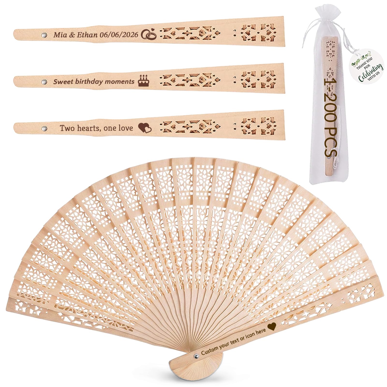 Lot de 50 Eventail Mariage Personnalisable,Éventail Personnalisable | Evantaille Bois avec Nom Texte ou Date,Cadeaux Invités Mariage,Souvenirs EVJF,Baby Shower,Décoration Cérémonie Fêtes d'Été