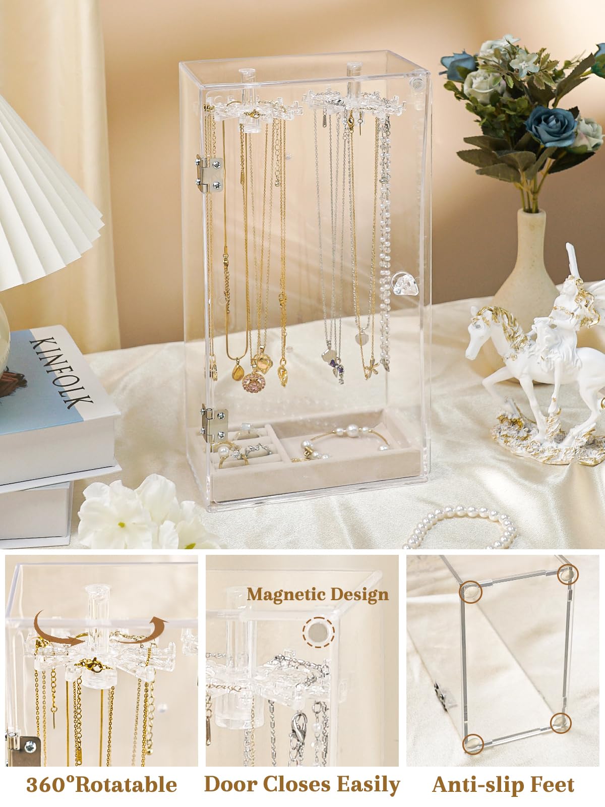 Rotating Acrylic Necklace Holder – Jewelry Organizer With Velvet Tray - View #2