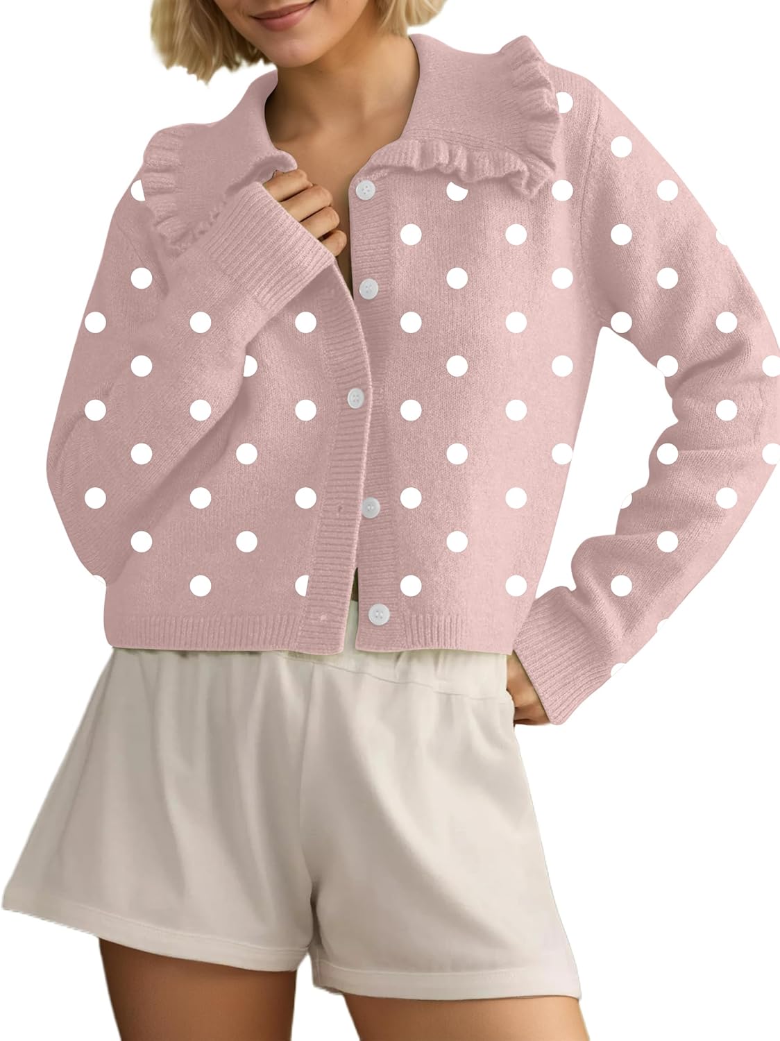 Ythomm Womens Ruffle Collar Cropped Cardigans Button Down Open Front Long Sleeve Knit Sweater Jackets Casual Solid Fall Tops