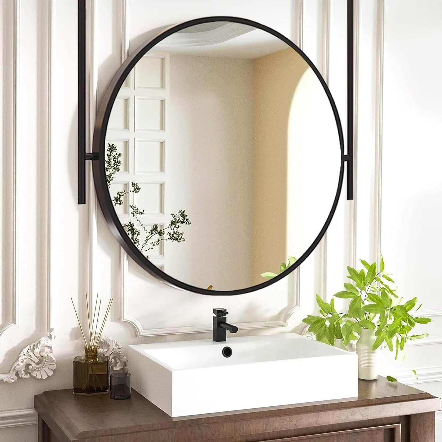 Black Round Vanity Mirror Nordic Modern Metal Frame Circle Mirror Bathroom Mirror Wall Mounted Decorative Makeup Mirror With Double Booms Suspended Floating Rod Mirror(Diameter-50CM/19.7INCH)