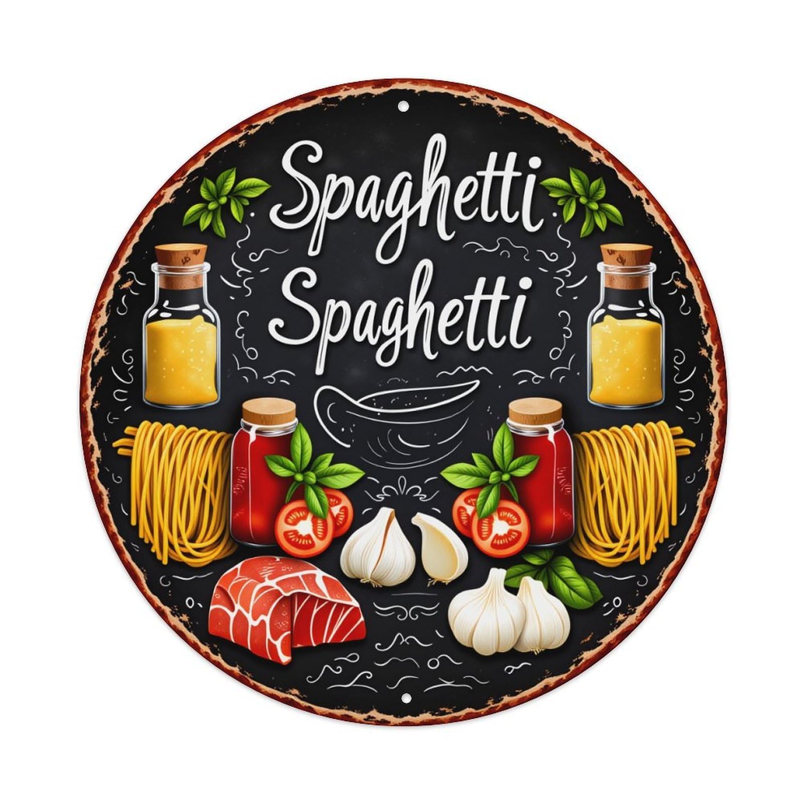 Spaghetti Spaghetti Pasta Tomatoes Garlic Basil Oil Meat Round Vintage Tin Sign,Retro Wall Art,Metal Poster for Home, Bar, Garage, Cafe, Rustic Indoor & Outdoor Decor, 8x8 Inches