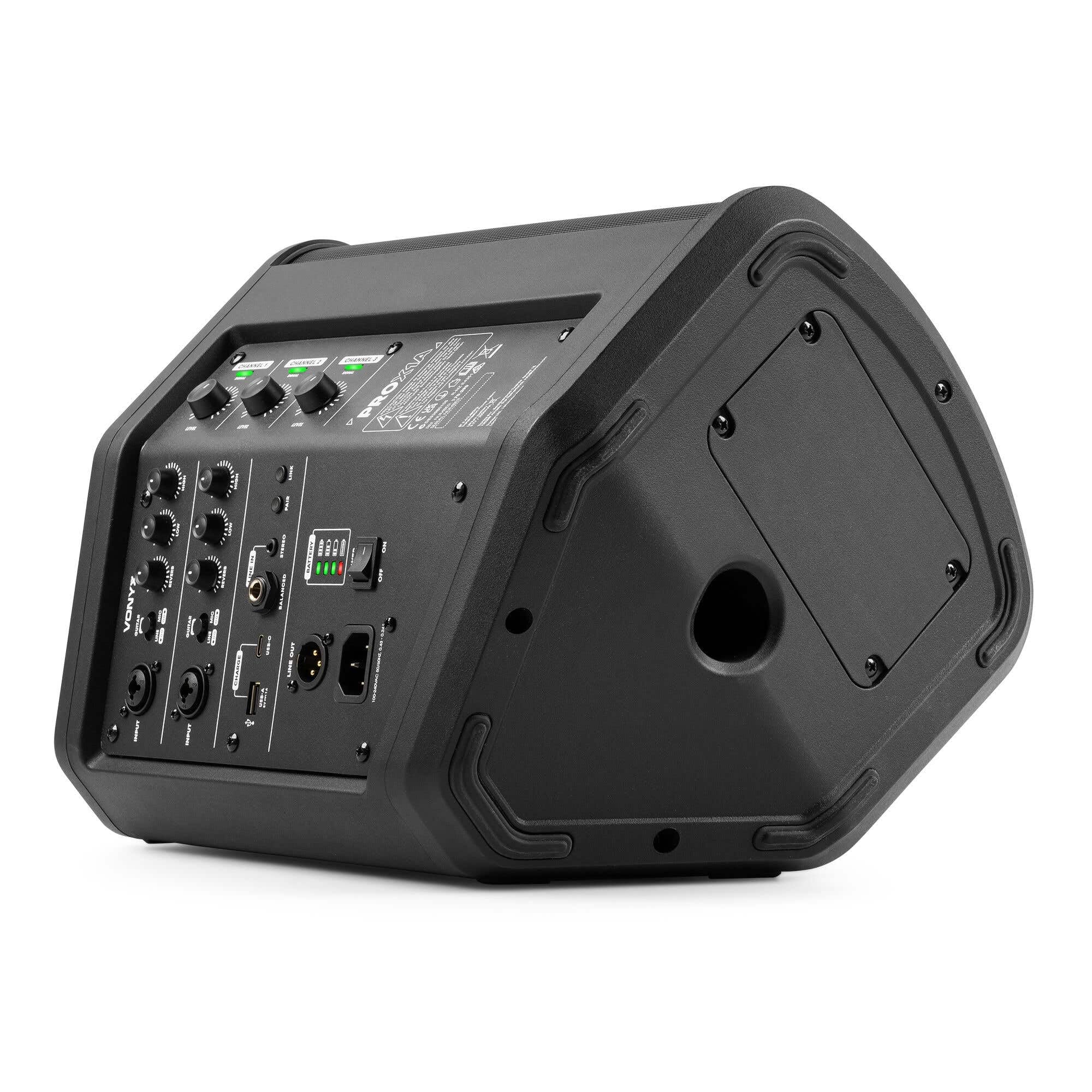 Vonyx PRO X1A - Akku Partybox Bluetooth Lautsprecher Groß, 2er Set inkl. Stativ, 250 Watt, 22 Std. Akku, AUX & Line, Mobile PA Anlage, 3-Kanal Mixer, Stereo Pairing - Mobile Musikbox Groß, USB & MP3