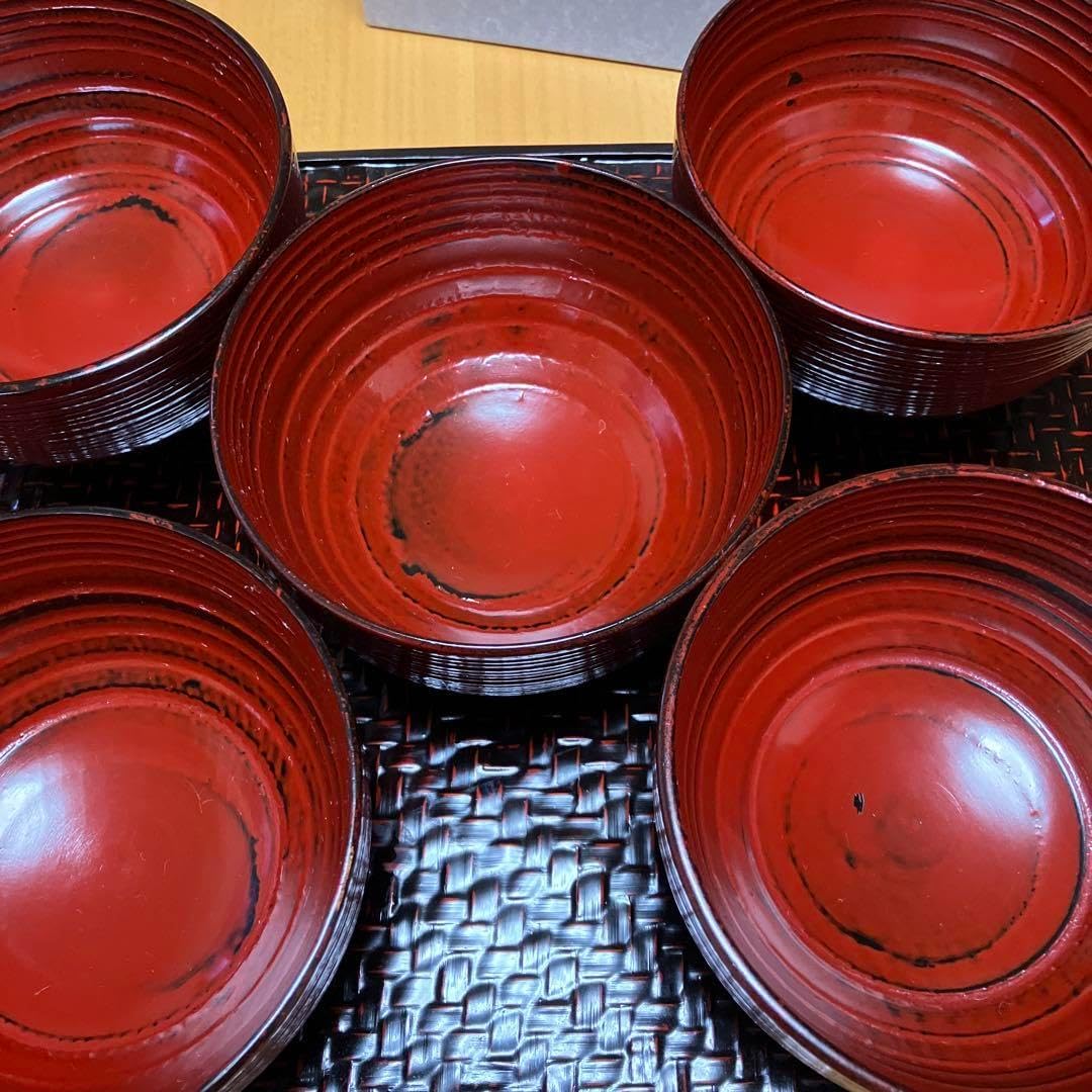 【未使用】天然木　根来塗　朱うるし塗　 平筋どんぶり　丼もの　雑煮椀　お椀　5P 天然木 根来塗 朱うるし塗 平筋どんぶり 丼もの 雑煮椀 お椀 5P