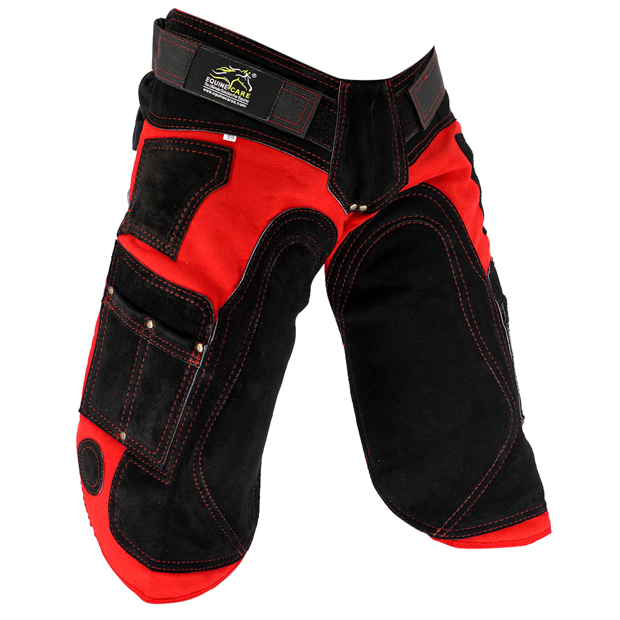 Equine Care Delantal Farrier - 23 Pulgadas y 25 Pulgadas - Piel de Ante y Lona - 4 Bolsillos, 2 imanes - Corte de Herradura y pezuña - Rojo/Negro, 23 Pulgadas (59 cm) de Longitud.