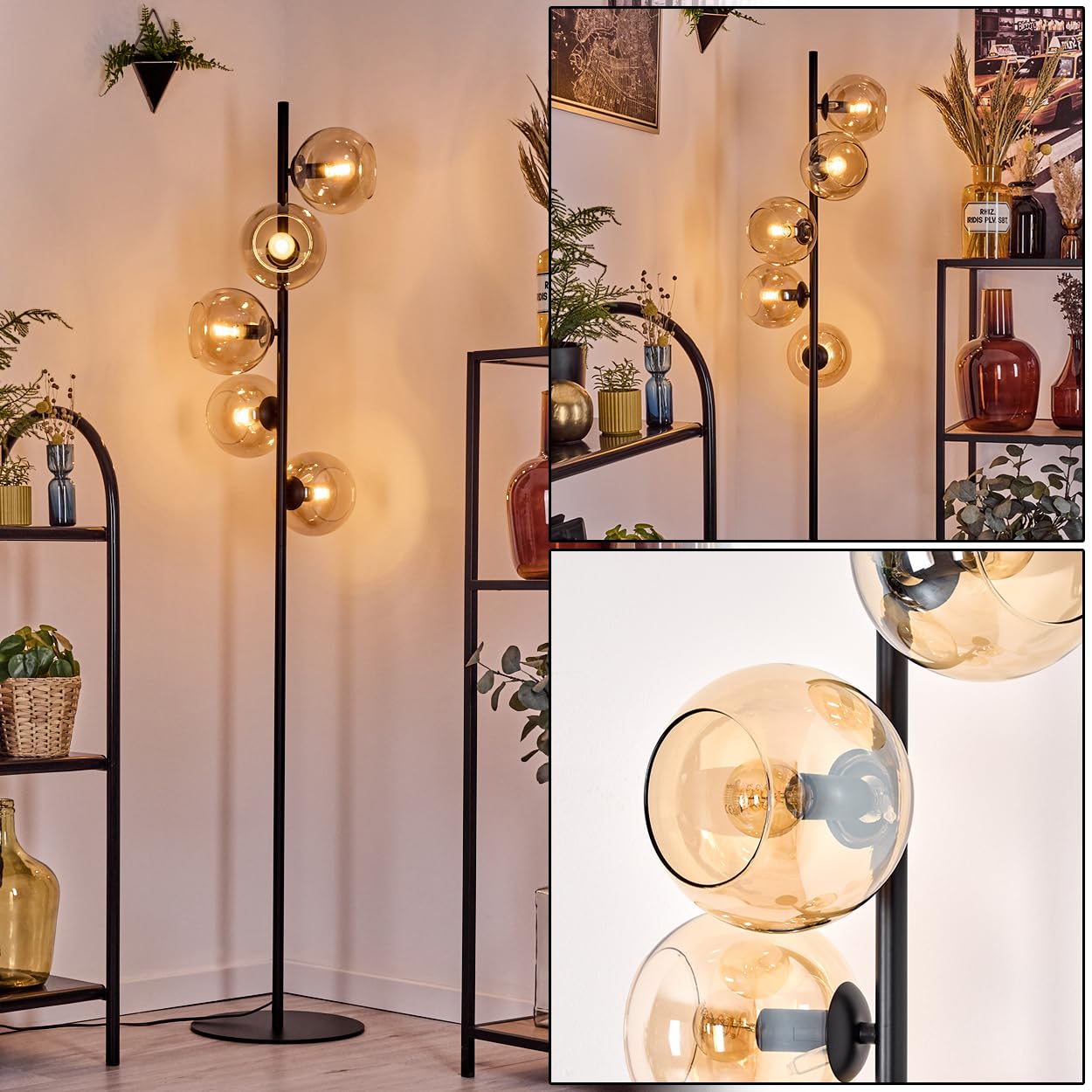 Hofstein Black/Amber Koyoto Floor Lamp, Metal/Glass Floor Lamp In Modern Luminaire In Retro/Vintage Design (Shade Ø 15 Cm), Foot Switch, 160 Cm, E27, Living Room, Bedroom, Hallway