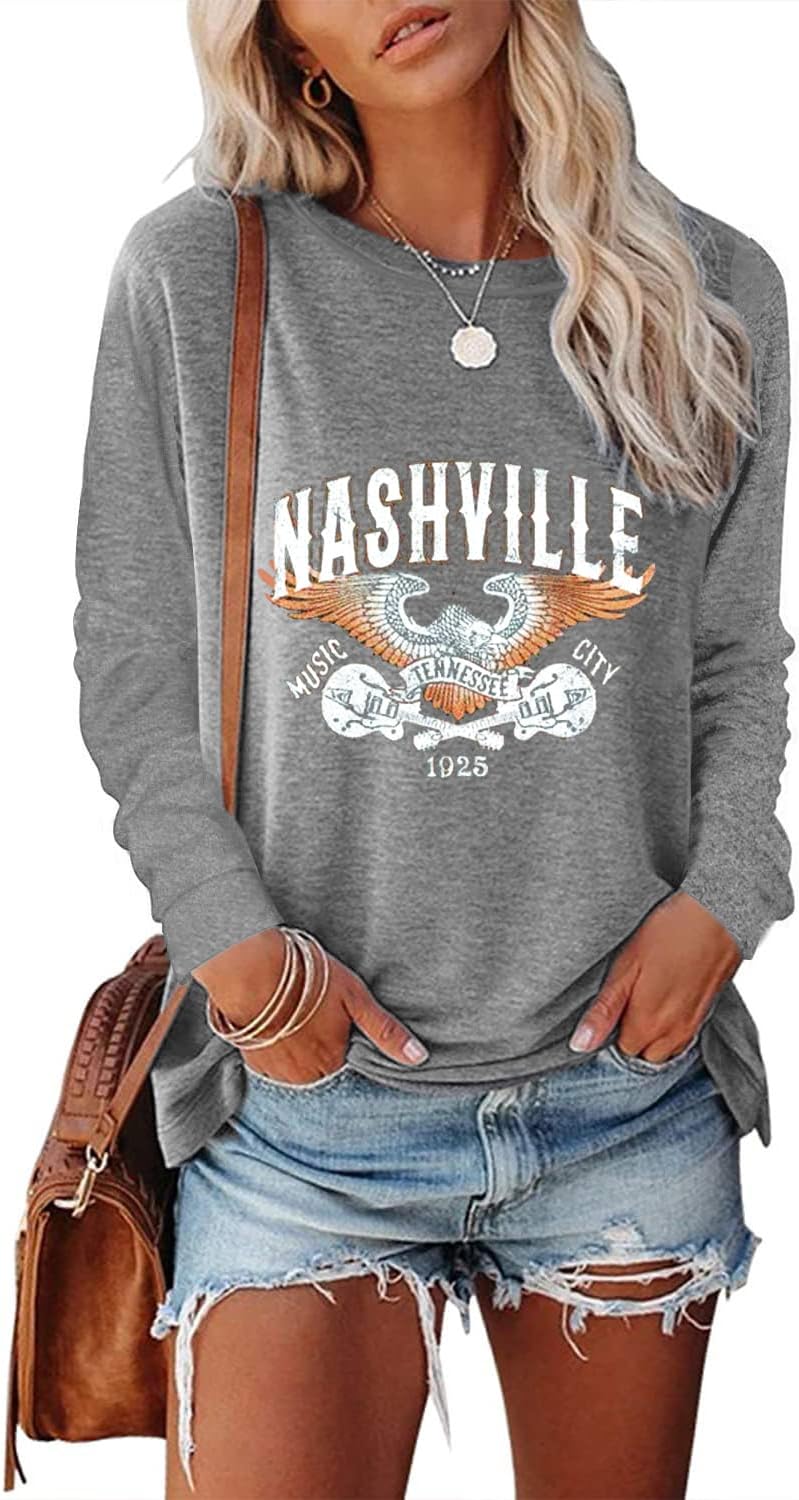 MZEAZRK Women Nashville Shirts Country Music Guitar T Shirt Long Sleeve Casual Loose Long Sleeve Tops