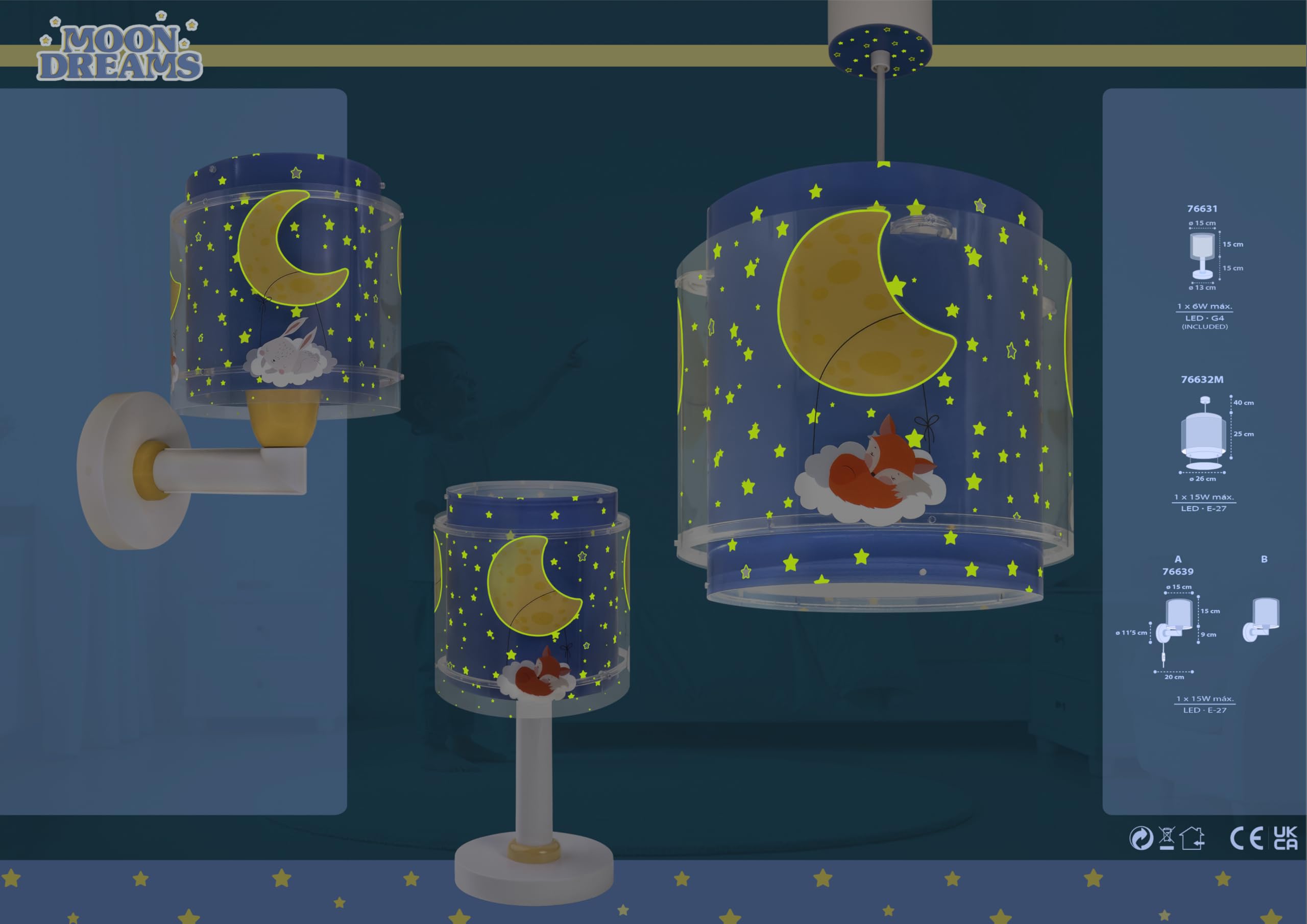 Dalber Lámpara Techo Colgante Infantil Luna Estrella Azul 76632M E27 | Incluye difusor de luz inferior extraible; Habitación niños; lámparas infantiles; Moon Dreams