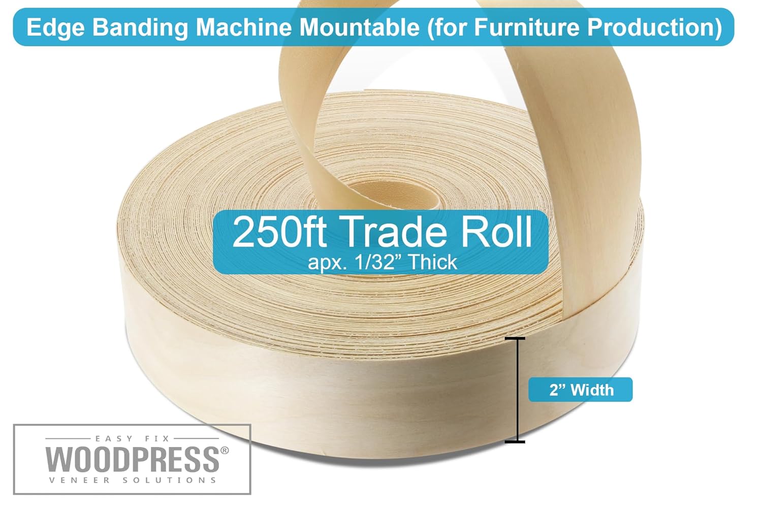 WoodPress® 2 inch Real Maple Wood Pre-Glued Veneer Edging Tape – 250 ft Trade Roll – Iron-On Wood Application