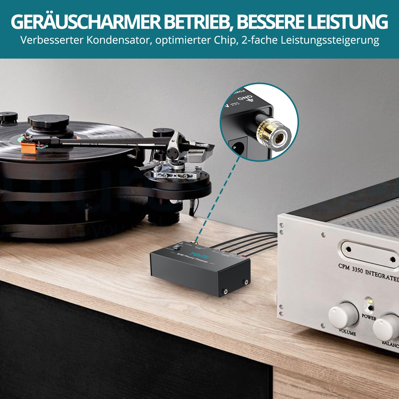 Vorverstärker für Plattenspieler | M/M Phono-Vorverstärker mit Netzschalter | RCA Input & Output Interfaces | DC-12V Zertifiziertes Netzteil | Wenig-Lärm Betrieb | Kompaktes Gehäuse
