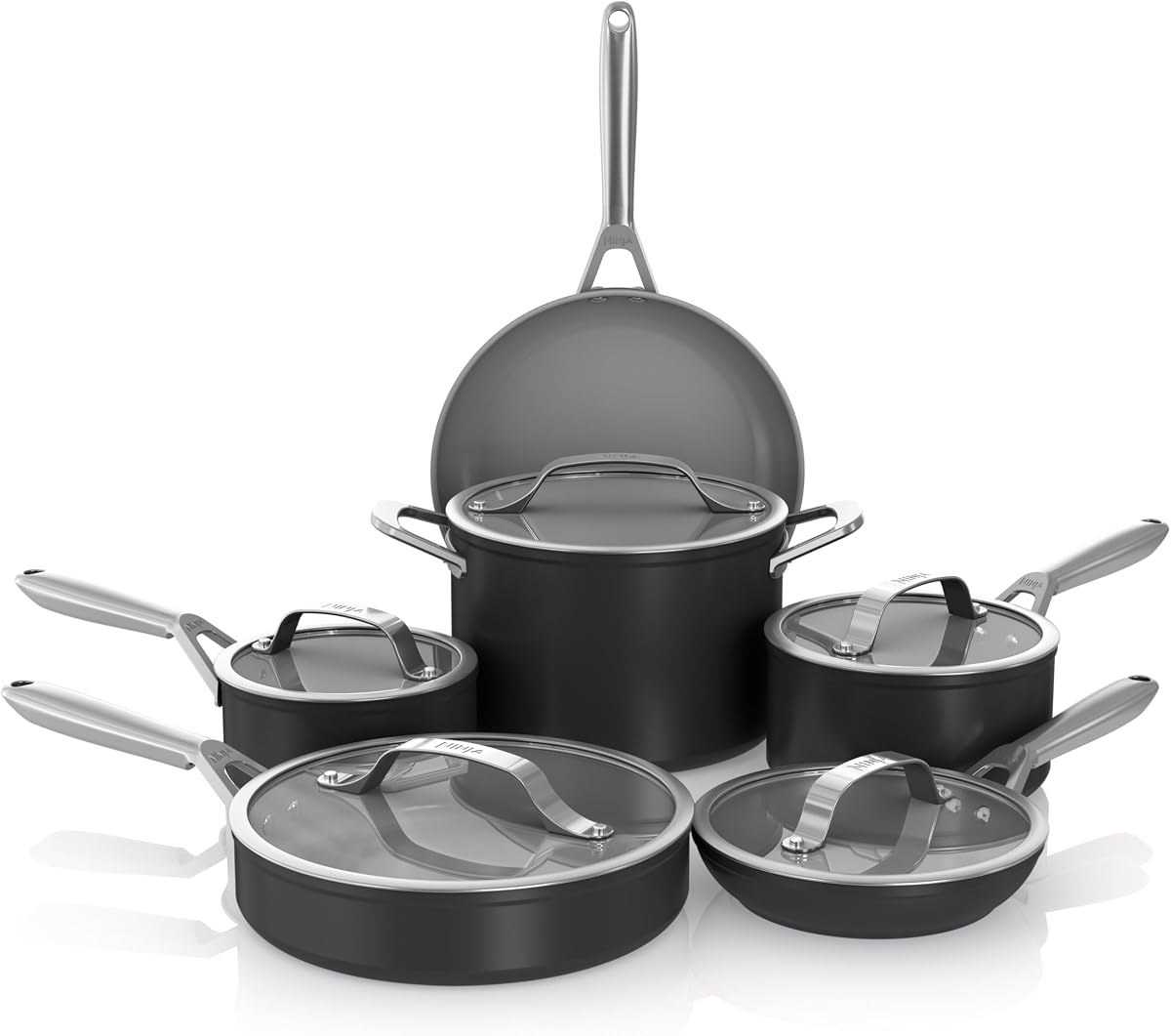 Ceramic Pro 11-Piece Cookware Set, Non-Stick Pots & Pans Set with Glass Lids, Nontoxic, PTFE Free, Ceramic Coated, Oven Safe, All Stovetops & Induction Compatible, Black, CW39011BK