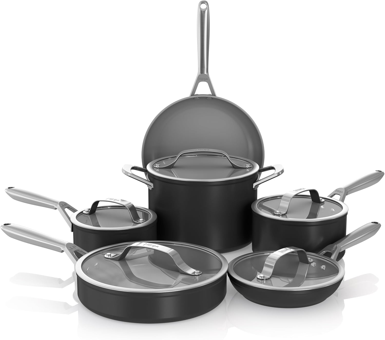 Ninja Ceramic Pro 11-Piece Cookware Set, Non-Stick Pots & Pans Set with Glass Lids, Nontoxic, PTFE Free, Ceramic Coated, Oven Safe, All Stovetops & Induction Compatible, Black, CW39011BK - Thumbnail 2