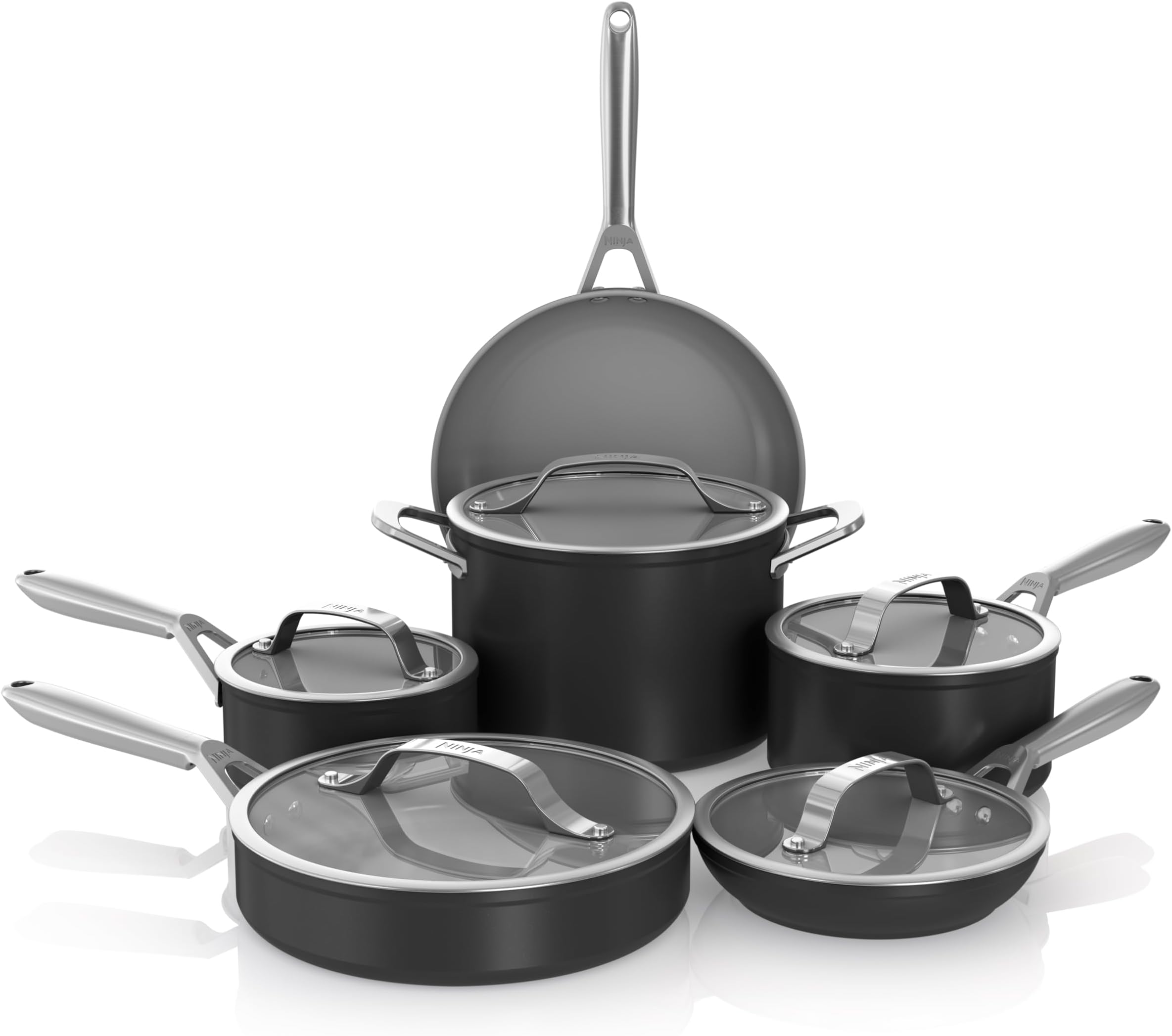 Ceramic Pro 11-Piece Cookware Set, Non-Stick Pots & Pans Set with Glass Lids, Nontoxic, PTFE Free, Ceramic Coated, Oven Safe, All Stovetops & Induction Compatible, Black, CW39011BK