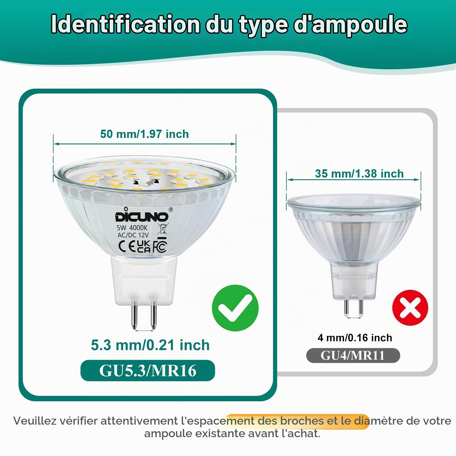 DiCUNO Ampoule LED GU5.3 MR16 Dimmable, 5W=50W, 4000K, 500lm, Lot de 10