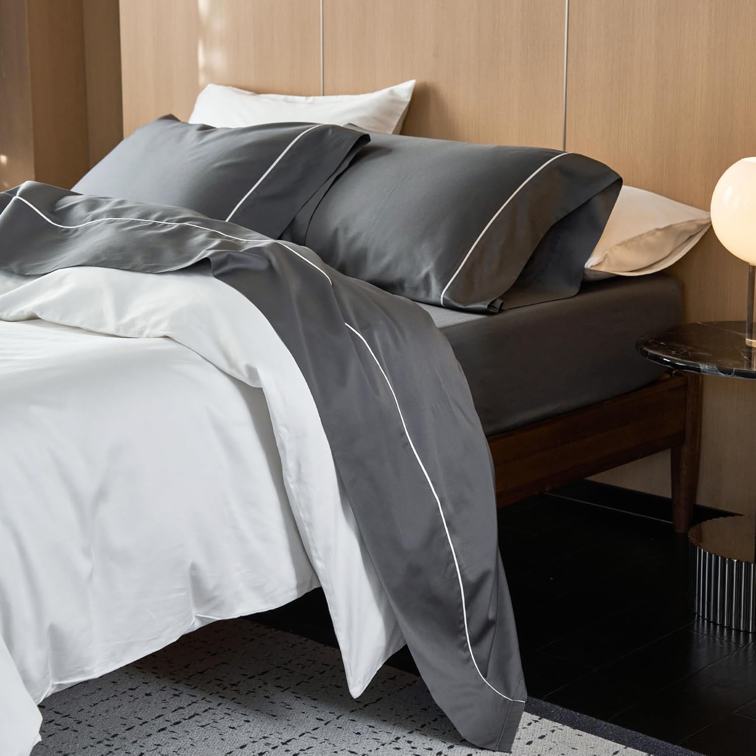 MooMee Queen Sheet Set, 100% Extra Long Staple Cotton 600TC Sateen Weave Cooling Breathable Silky Soft Luxury Hotel Quality Bed Sheets with 17" Deep Pocket - 4 Piece (Dark Gray, Queen)
