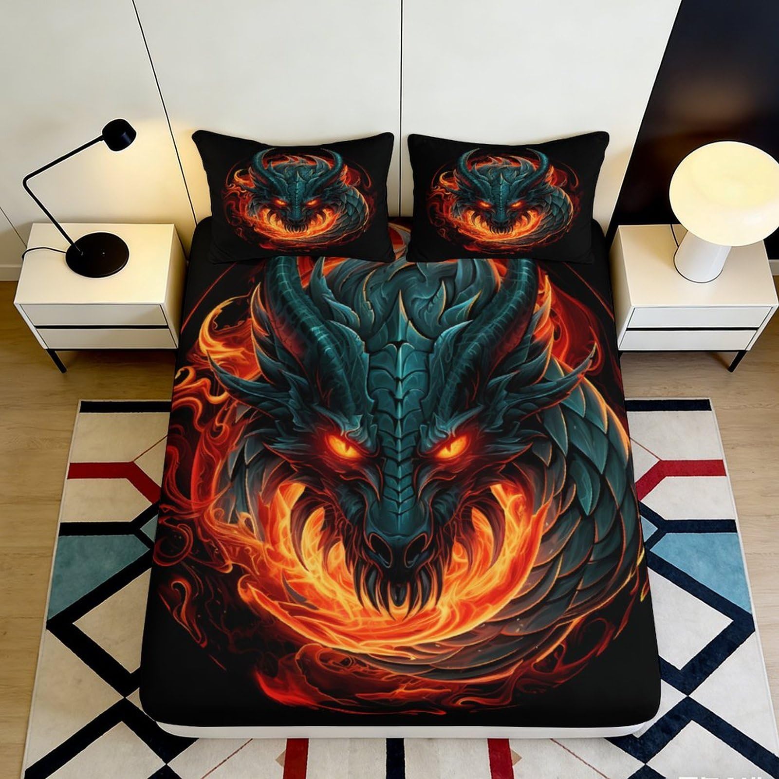 3D Printed Fiery Dragon Fitted Sheet Microfiber Soft Breathable Flaming Dragon Bed Cover for Bedroom Dormitory Guest Room Mattress Protection Decor 140x200x25cm