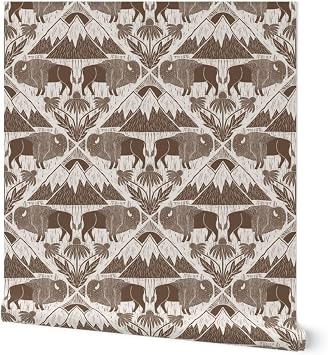 Spoonflower Bison Western Floral Peel and Stick Removable Wallpaper | Roll 24" x 108" | National Parks Brown Wildflower Lattice | Self-adhesive, removable and renter-friendly