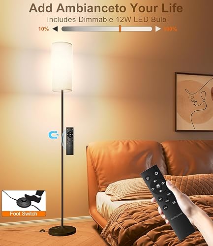 Vista 2 de luckystyle Lámpara alta regulable de pie, bombilla LED de 12 W con pantalla, interruptor de pie, poste de temperatura de color personalizado remoto