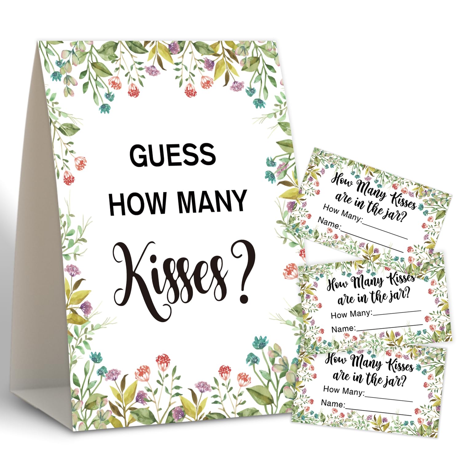 Floral Theme How Many Kisses Bridal Shower Game – Set With 1 Sign & 50 Guessing Cards - View #2