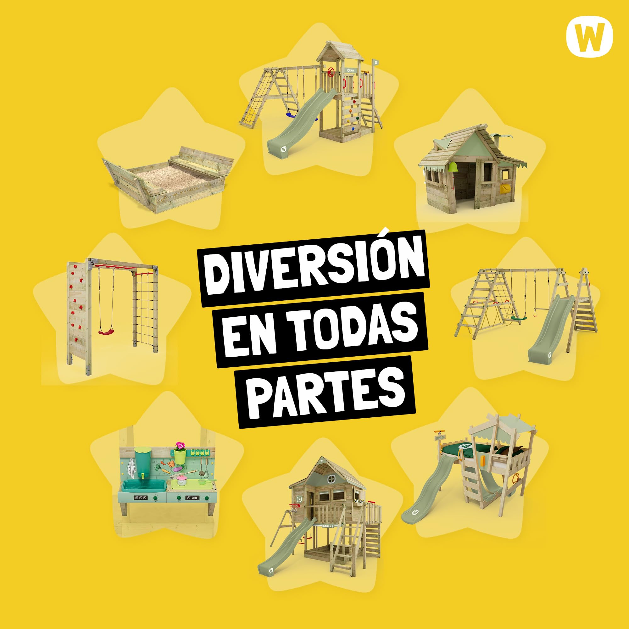 Wickey Torre de juegos DinkyHouse con mesa de pícnic, tobogán azul y lona, torre de escalada infantil para el jardín de madera maciza, 334 x 317 x 247 cm