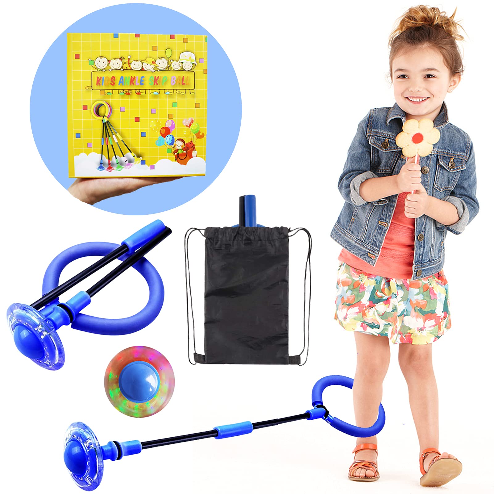 GDMEET Skip Ball for Kids, Foldable Ankle Skip Ball, Colorful Fitness Jump Sports Swing Ball, Fitness Fat Burning Jump Rope Game for Adults and Children (BLUE)